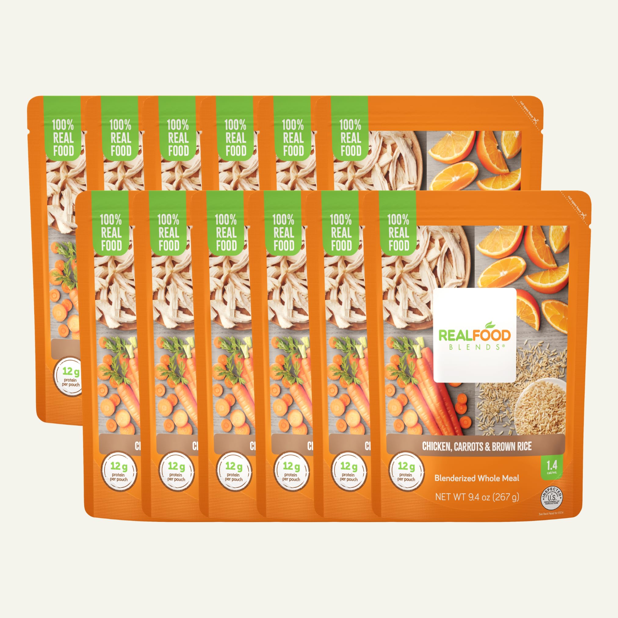 Real Food Blends Chicken, Carrots & Brown Rice Puree - High Protein Tube Feeding Meals with Vegetables & Fruits - 340 Calorie Nutrient-Rich Pureed Food for Adults & Seniors - Easy Lunch & Dinner Solution - 9.4 oz (Pack of 12) - Ideal for Home Care, Hospitals & Recovery Meals