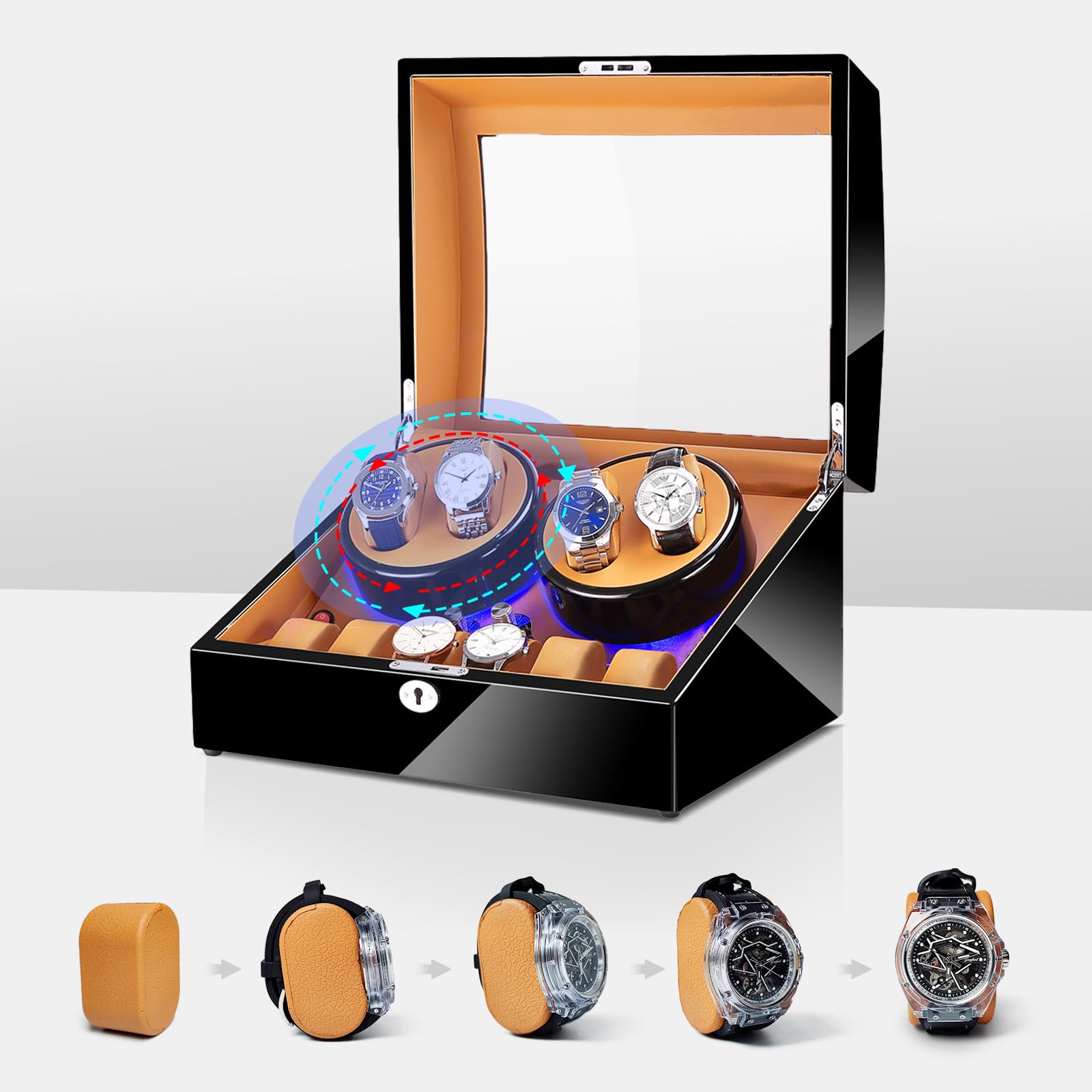 4+6 Slots Automatic Watch Winder with Silent Motor - Luxury Piano Paint Display Box | Open Lid Stop Tech & Built-in LED Lighting | USB/Battery Powered (2*D) | Perfect Watch Storage for Men & Women | Ideal for Home, Office, or Travel Use