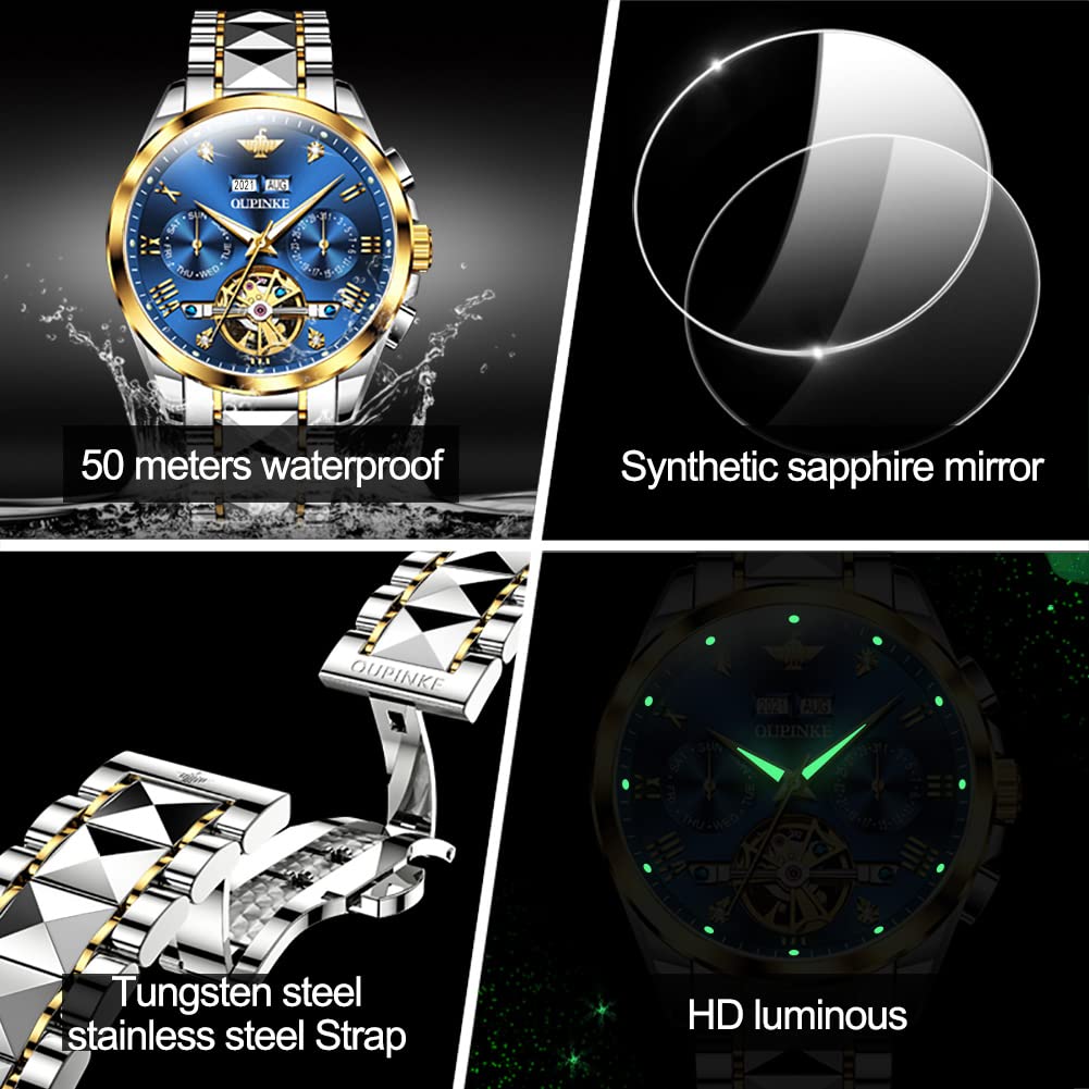 Premium Automatic Skeleton Self-Winding Dress Watch for Men - Business Waterproof Luminous Tungsten Steel Wristwatch | Perfect for Office, Formal Events & Special Occasions