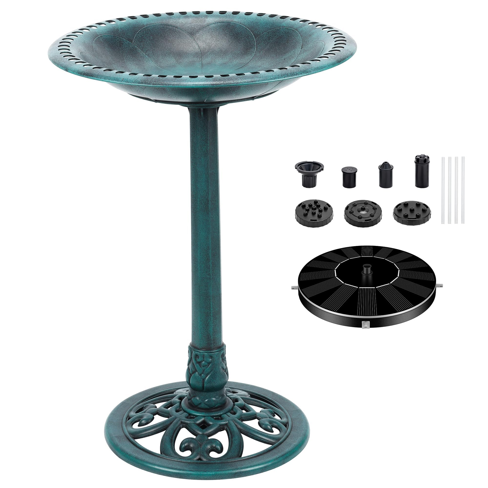 28 Inch Solar Powered Fountain Bird Bath - Antique Polyresin Standing Birdbath for Outdoor Garden Decor, Green - Perfect for Attracting Birds to Your Backyard or Patio