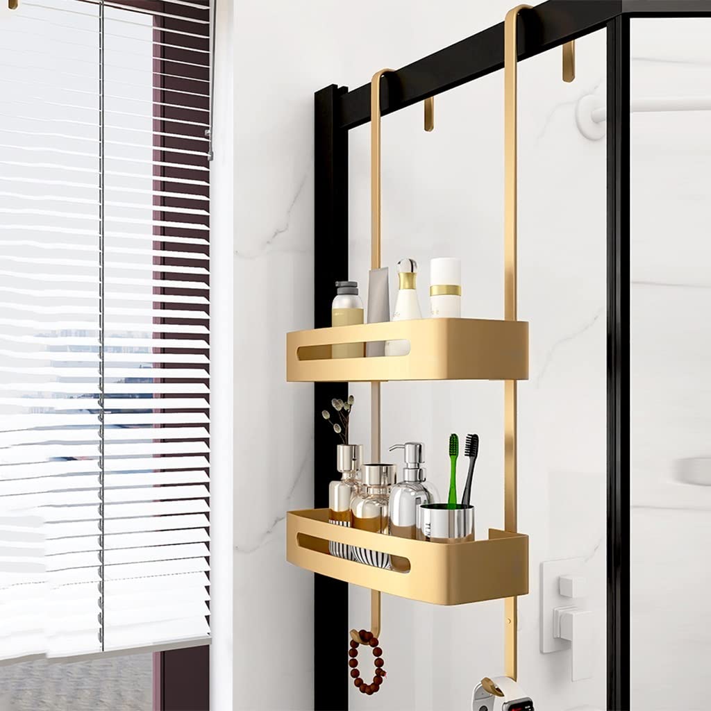 Over The Door Shower Caddy - 2-Tier Hanging Bathroom Storage Organizer with Hooks & Floating Shelves (32x12.5x73cm) - Space Saving Solution for Shower, Bathtub & Small Bathrooms