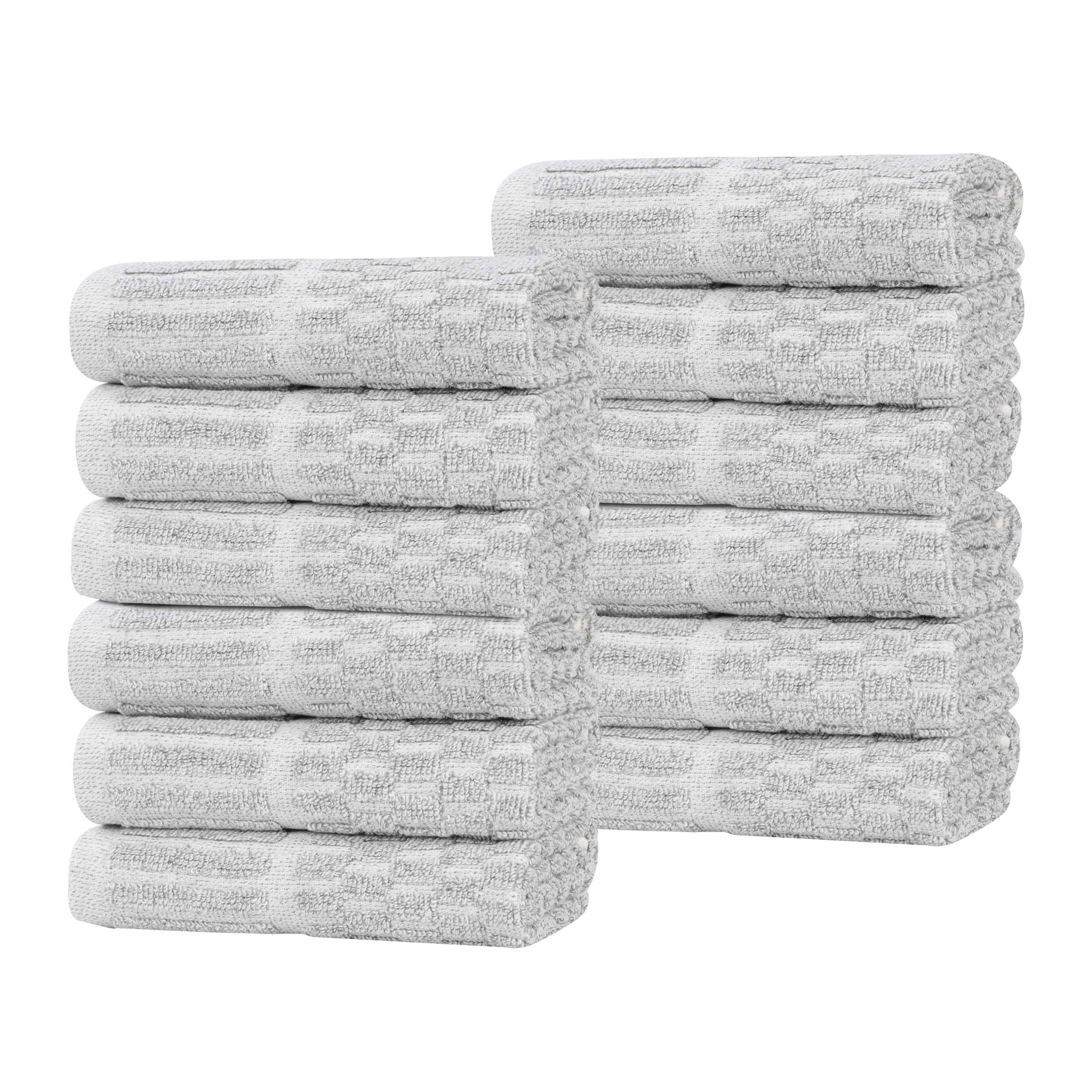 Premium 12-Pack Juno Cotton Blend Checkered Border Face Towels | Medium Weight, Soft & Absorbent | Perfect for Bathroom, Spa, Gym & Travel
