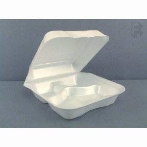 Pactiv Corporation Large 9x9 Inch 3-Compartment Foam Food Containers with Hinged Lids - White, 150-Pack - Perfect for Catering, Takeout & Meal Prep