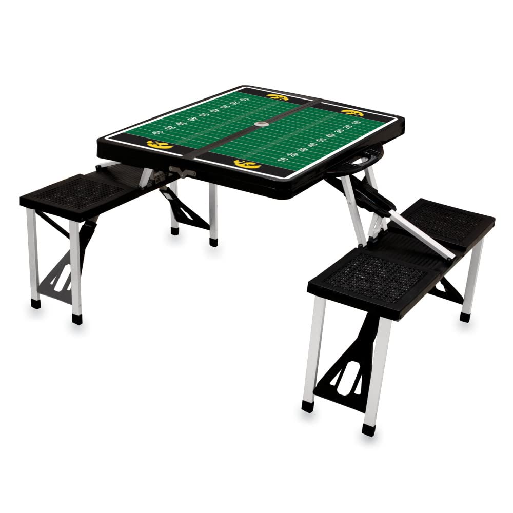 PICNIC TIME NCAA Iowa Hawkeyes Football Field Folding Picnic Table - Portable Camping Table with Umbrella Hole - Outdoor Dining & Tailgating Table (Black) - Perfect for Backyard BBQs, Beach Parties & Game Day Gatherings