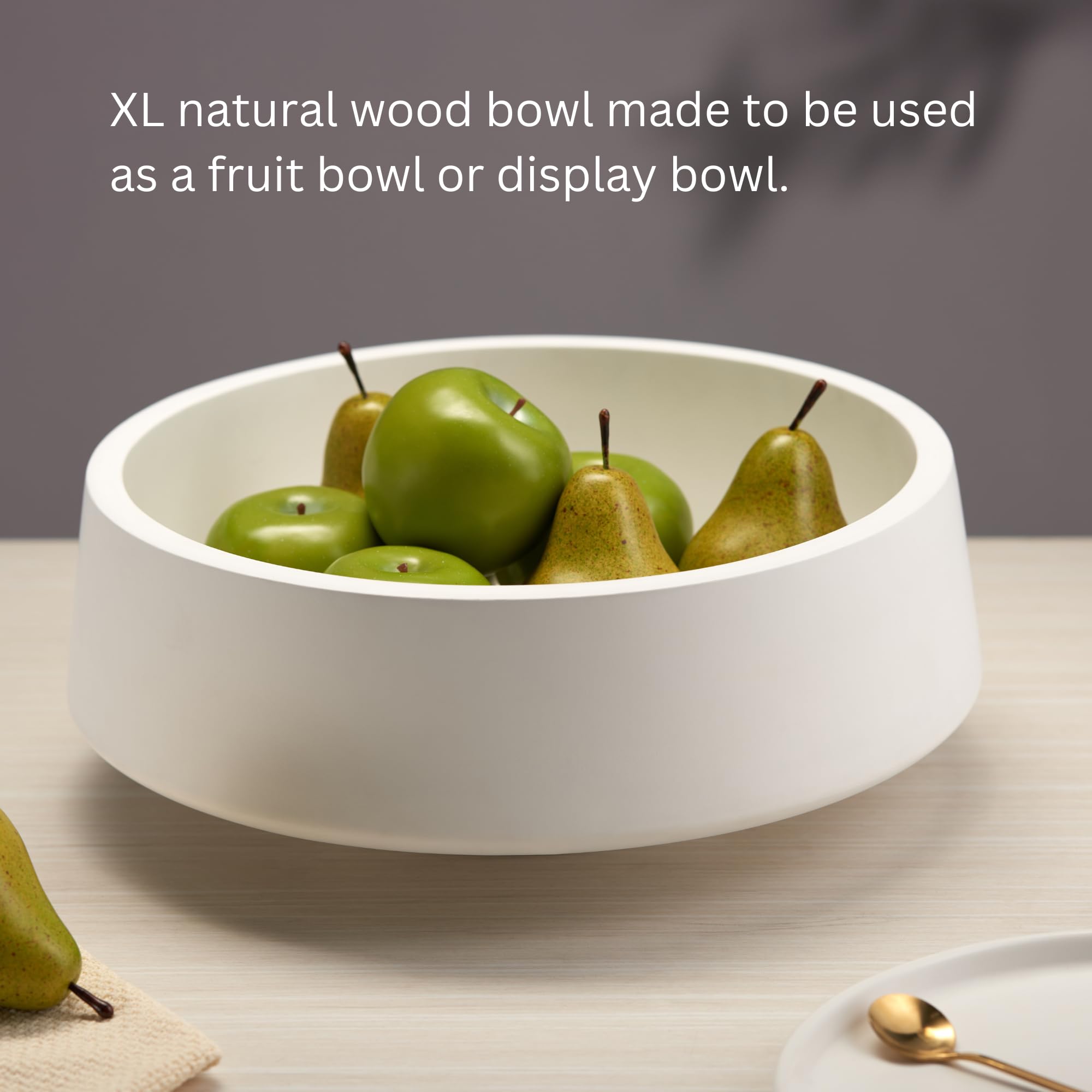 14.2-inch Large White Wooden Fruit Bowl with Pedestal - Decorative Kitchen Countertop Bowl for Displaying Fruits, Apples, Bananas & Home Decor