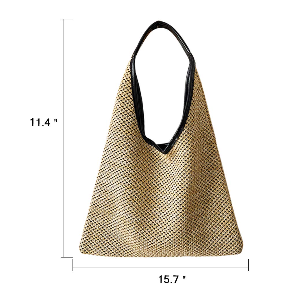 Boho Straw Tote Bag with Leather Handle - Beach & Travel