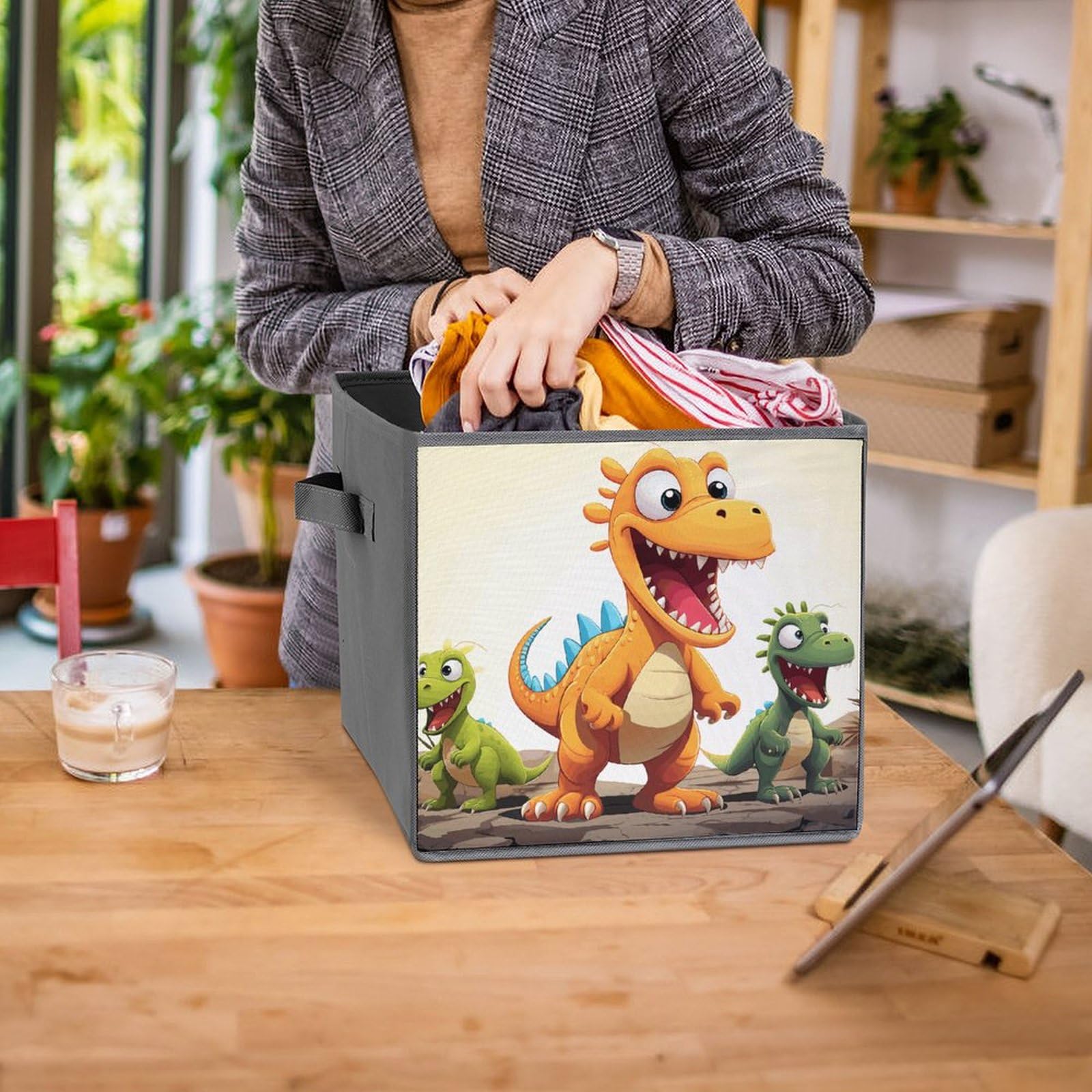 2PCS Foldable Storage Bins with Cartoon Dinosaur Print - Large Capacity Storage Boxes with Handles for Playroom, Office & Home Organization - Perfect for Kids' Toys, Books & Clutter Control
