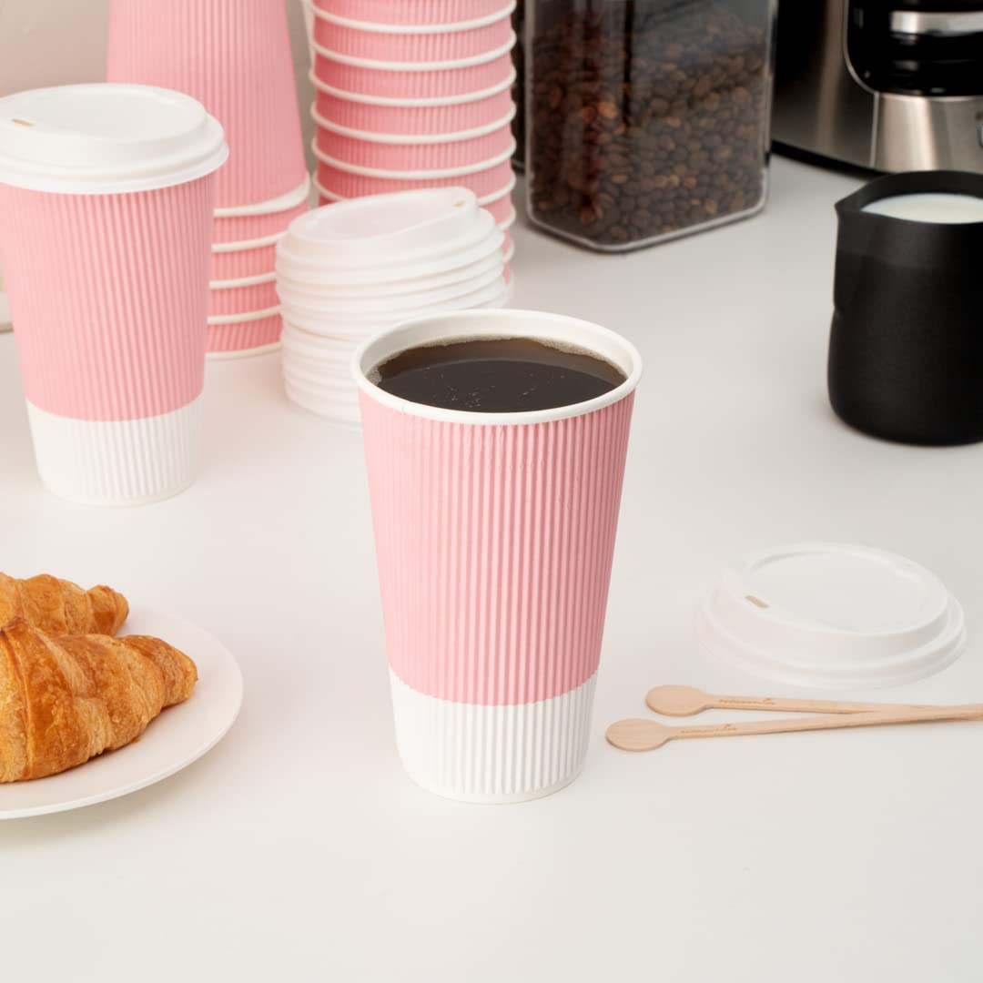 16oz Insulated Coffee Cups with Lids (200 Pack) - Leakproof & Non-Slip Hot Paper Cups for Tea, Hot Cocoa, Latte - Light Pink Ripple Wall Disposable Cups for Coffee Shops, Offices & Events