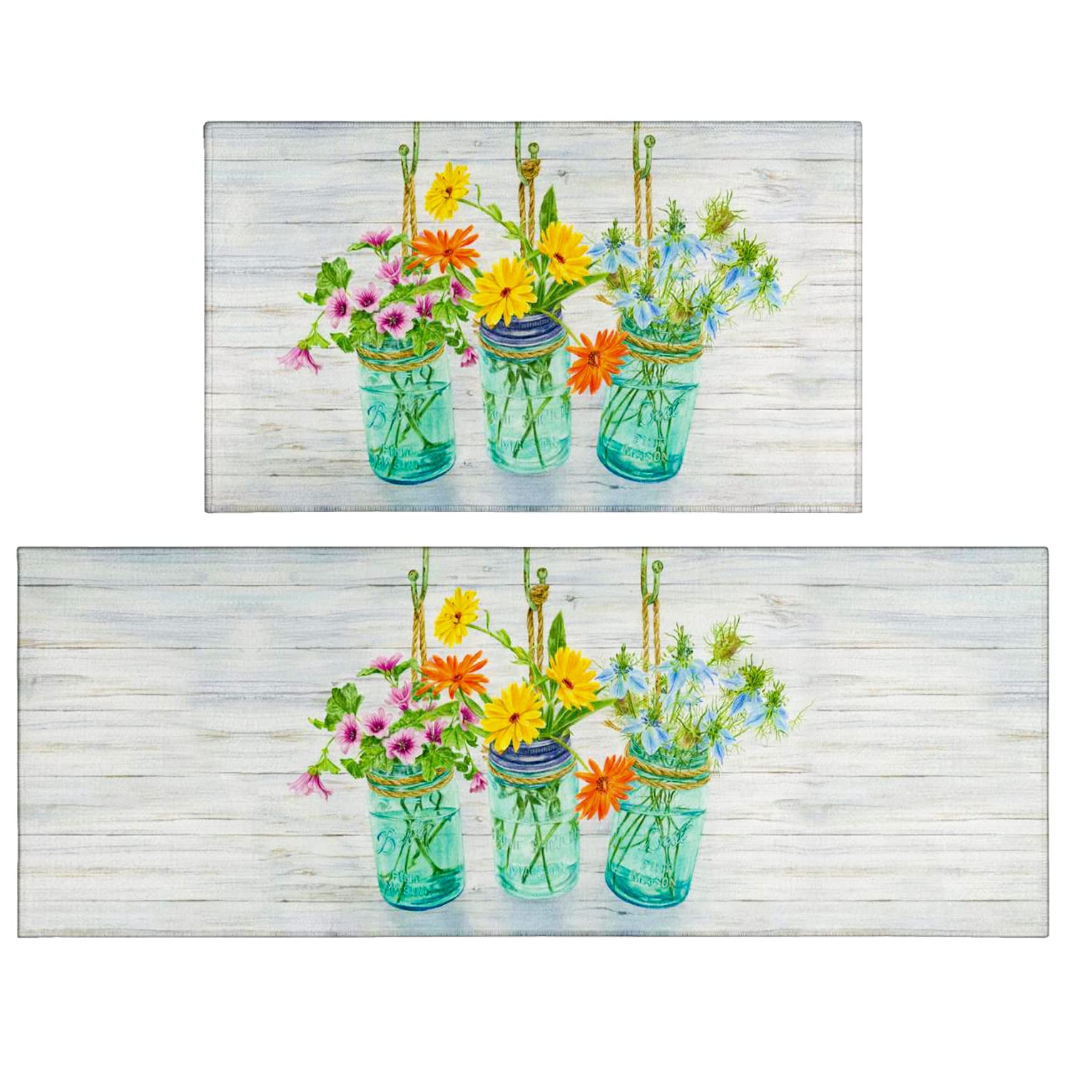 Floral Farmhouse Kitchen Rugs Set of 2 - Colorful Spring Summer Flowers Non-Slip Floor Mats for Home Decor, Low-Profile Washable Kitchen Runner and Area Rug (17x48 + 17x30 inches) - Perfect for Farmhouse, Cottage, or Vintage Style Kitchens