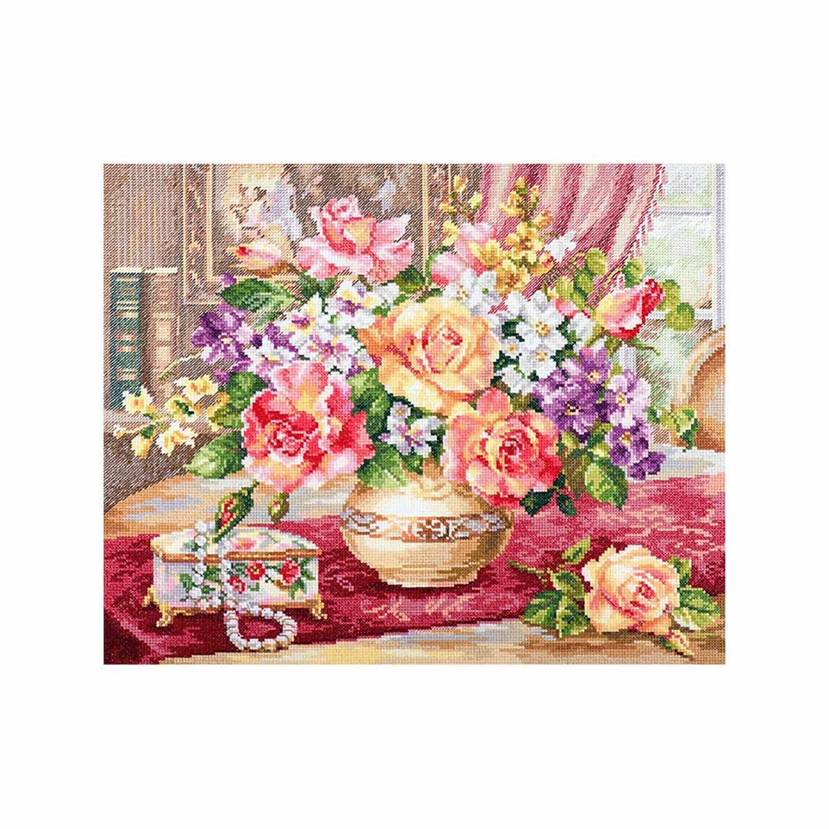 Alisa 2-50 Cross Stitch Kit - 14 Count Aida Canvas with Rose & Spring Flower Bouquet Design | DIY Embroidery Kit for Home Decor, Wall Art & Gift Giving | Perfect for Beginners & Craft Lovers