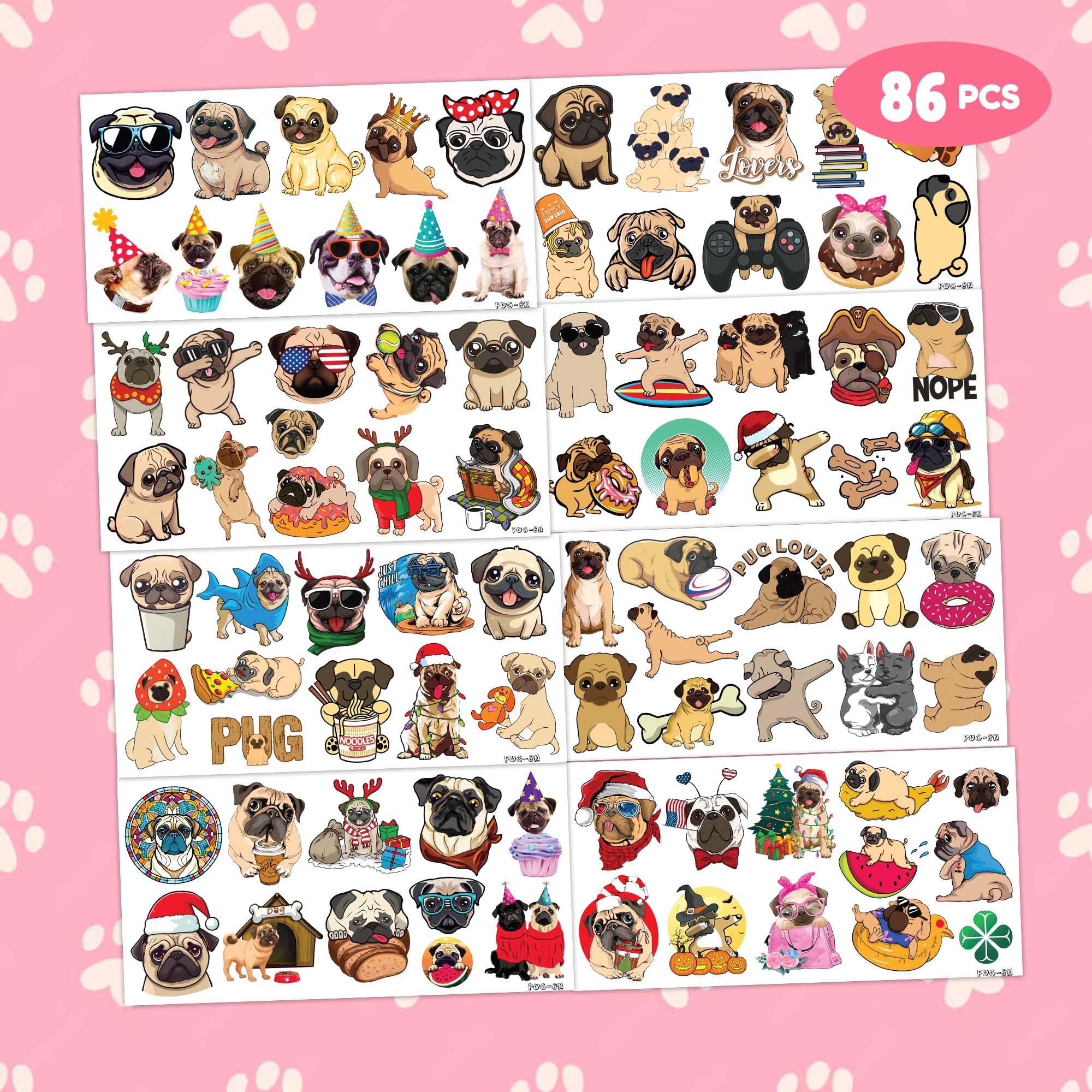 86 PCS Pug Temporary Tattoos - Cute Dog Puppy Stickers for Kids Birthday Party Decorations, School Prizes & Rewards | Fun Favors for Girls, Boys & Dog Lovers | Perfect for Themed Parties, Classroom Incentives & DIY Crafts