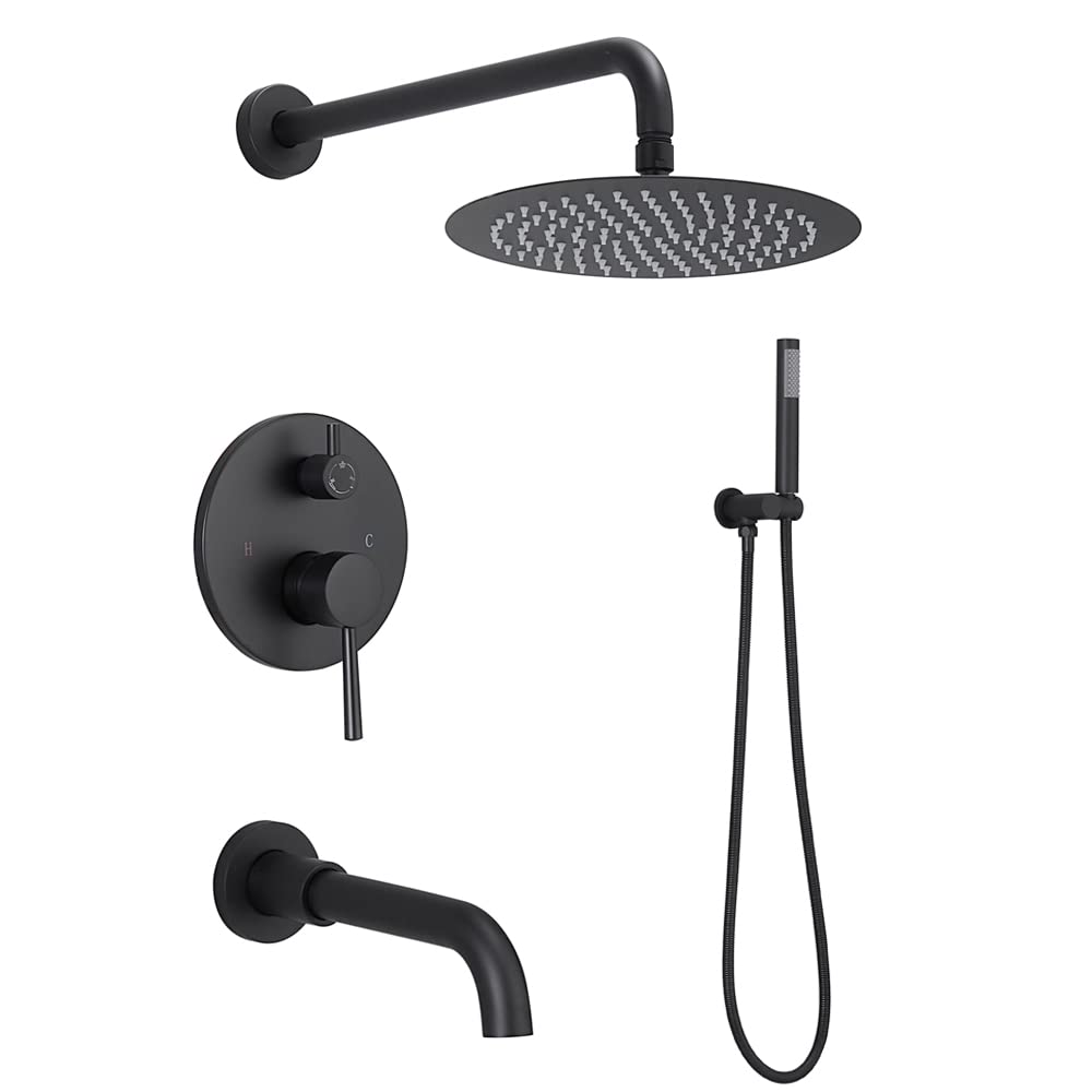 Premium Rainfall Shower Head and Handheld Spray Combo - Matte Black Bathroom Shower System with Mixer Valve & Tub Spout - Complete Shower Faucet Set for Luxurious Spa-like Experience at Home