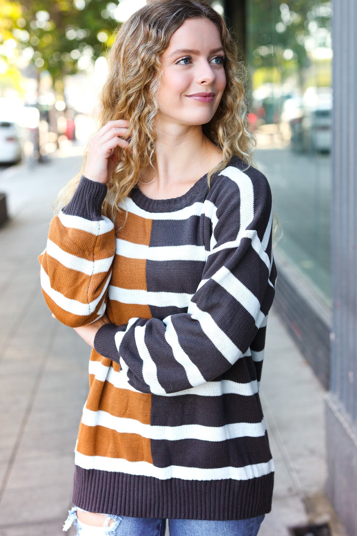 Camel & Charcoal Striped Color Block Sweater for Women | Cozy Knit Pullover | Fall Winter Fashion | Casual Office Wear & Weekend Outfits