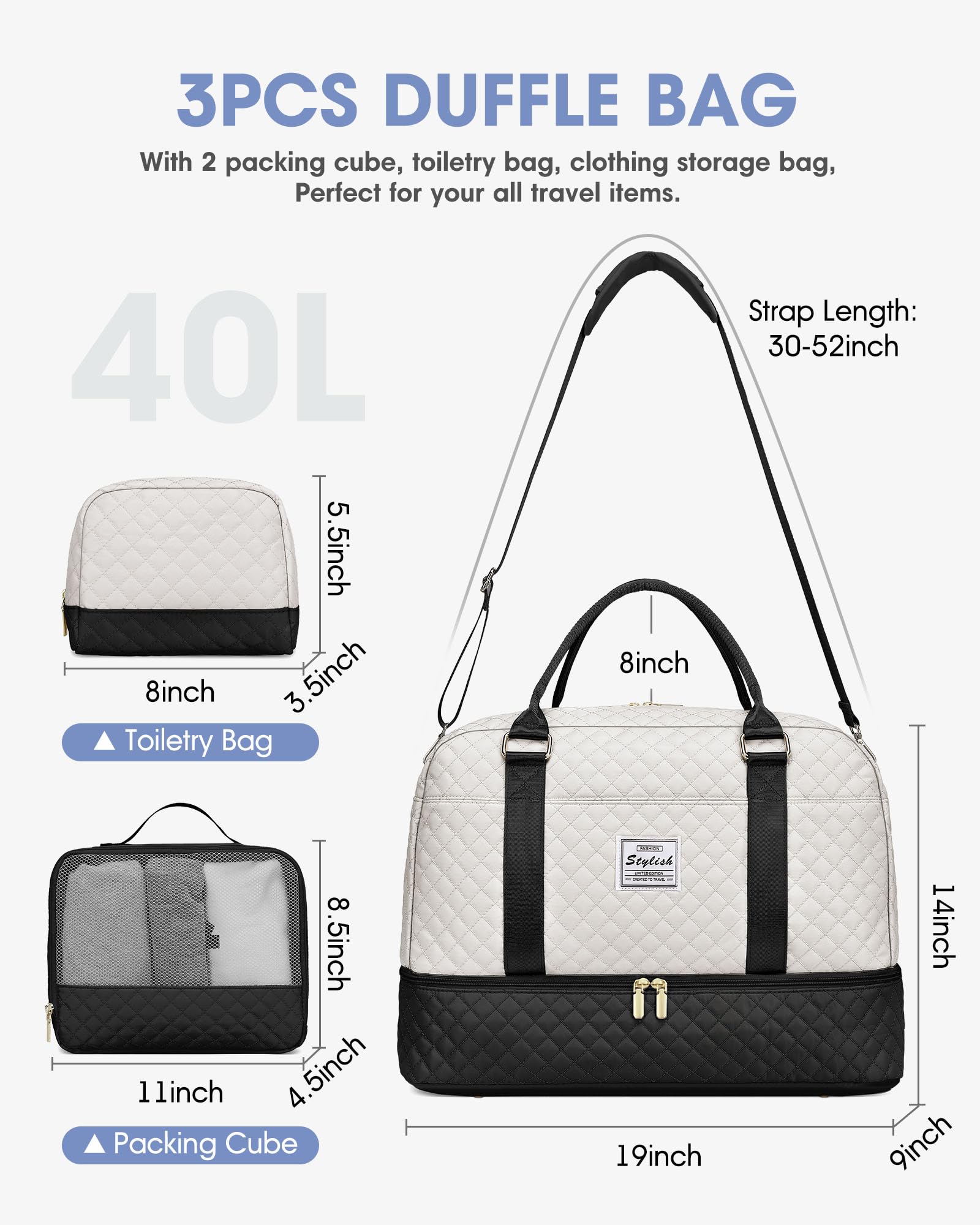 Women's Travel Weekender Bag with Shoe Compartment - Duffle Carry On Overnight Bag in Black & White | Perfect for Gym, Weekend Getaways & Business Trips