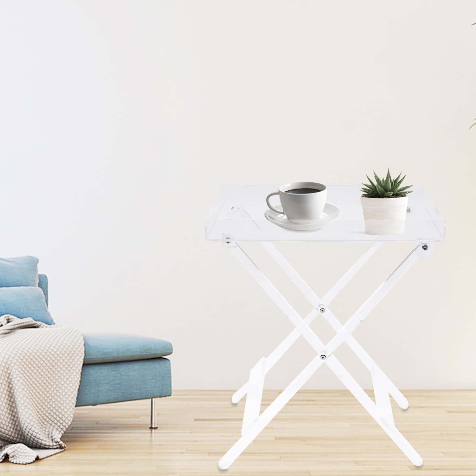 Clear Acrylic Folding Tray Table - Modern Transparent X-Leg Side Table for Coffee, Snacks & Serving (11.81