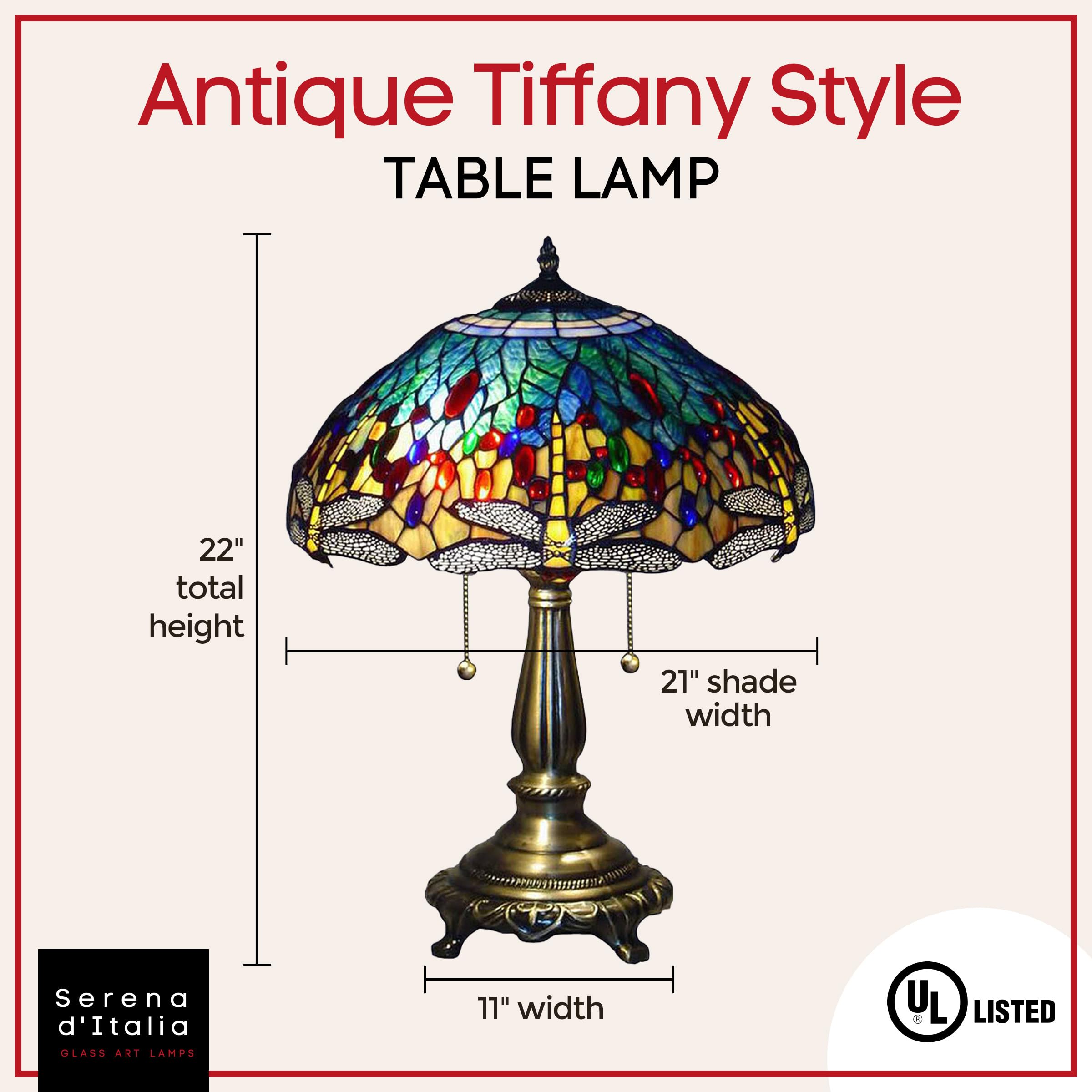 Serena D'italia Tiffany Table Lamp - Yellow Dragonfly Antique Desk & Nightstand Lamp - 22-inch Blue & Yellow Stained Glass Lamp for Bedroom, Living Room, Office Decor