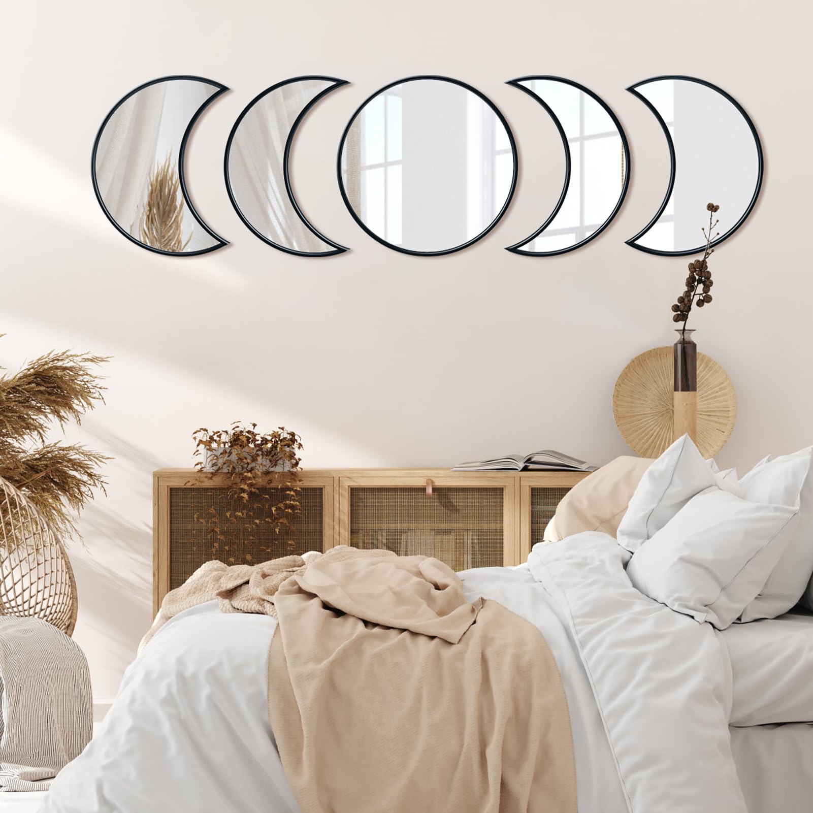VASUHOME 100% Glass Moon Phase Mirror Set - Scandinavian Boho Wall Decor for Living Room, Bedroom & Home - Natural Light Reflection for Mood Enhancement - Black - Perfect for Meditation Spaces, Yoga Studios & Bohemian Interior Design