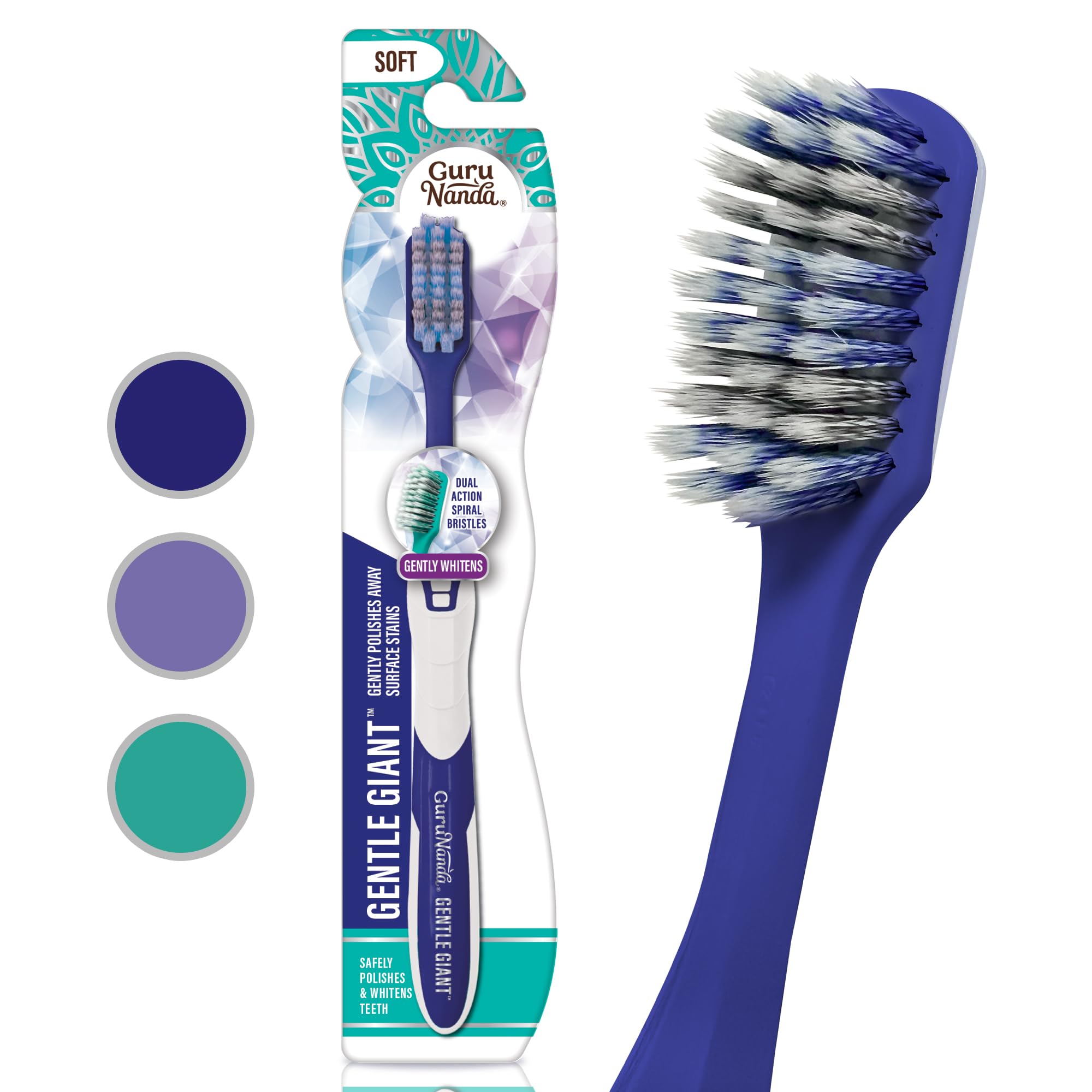 GuruNanda Gentle Giant Toothbrush with Dual Action Flossing Spiral Bristles - Ergonomic Non-Slip Grip for Teeth Whitening & Gum Care - BPA Free (1 Count) - Perfect for Sensitive Teeth & Daily Oral Hygiene Routine