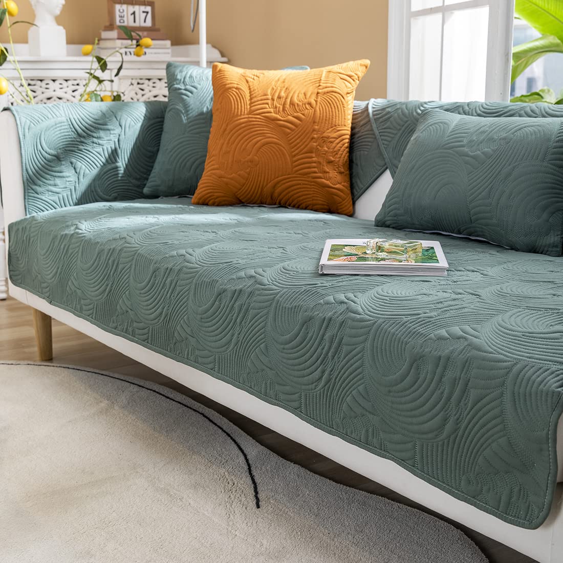 VCTOPS Non-Slip Quilted Cotton Sofa Cover - Embroidery Couch Protector for Pets, Sectional & L-Shaped Couches (28