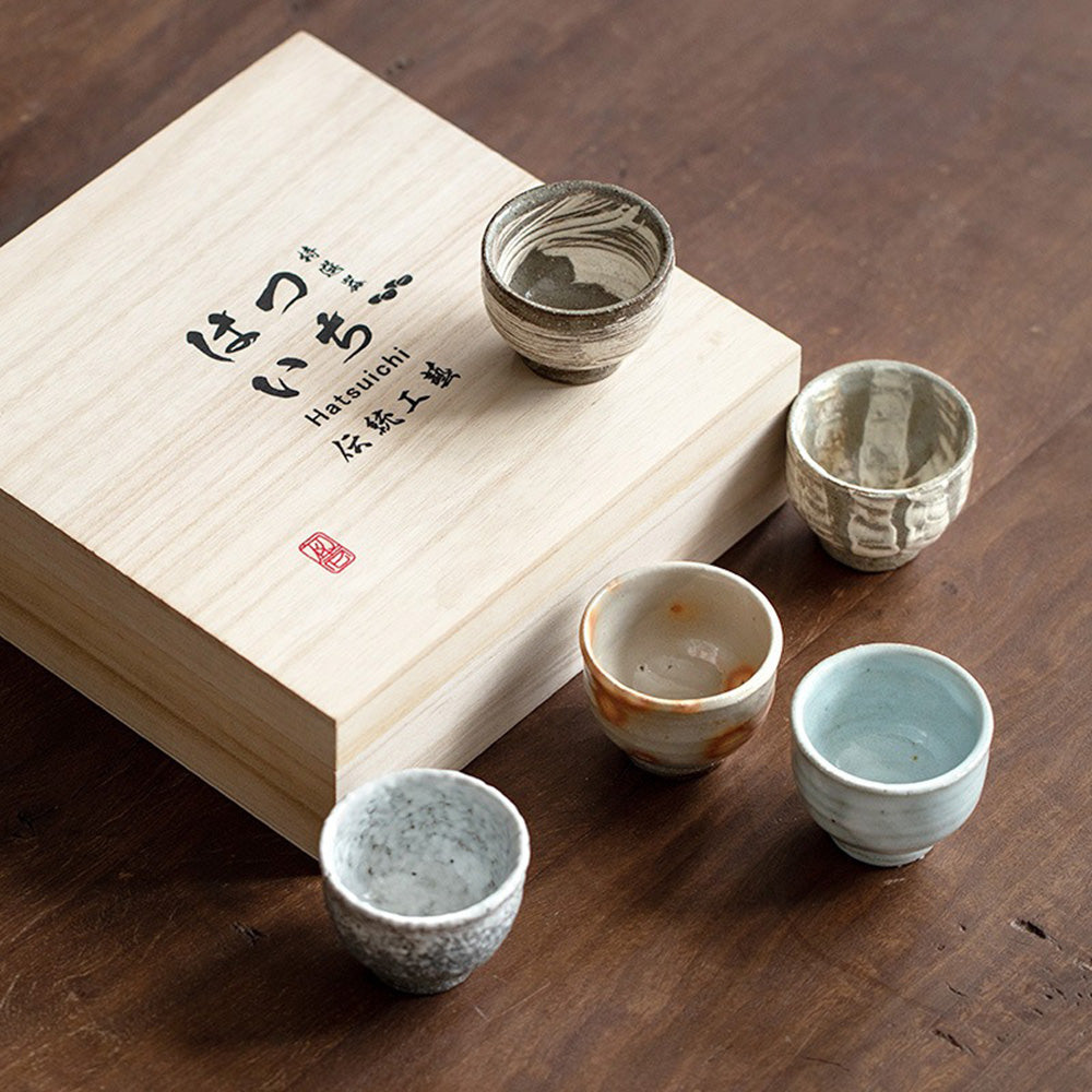 Authentic Japanese Wabi-Sabi Wanko Yaki Pottery Tea Cup Set of 5 - Handcrafted Ceramic Matcha Cups for Traditional Tea Ceremony, Home Decor & Gift