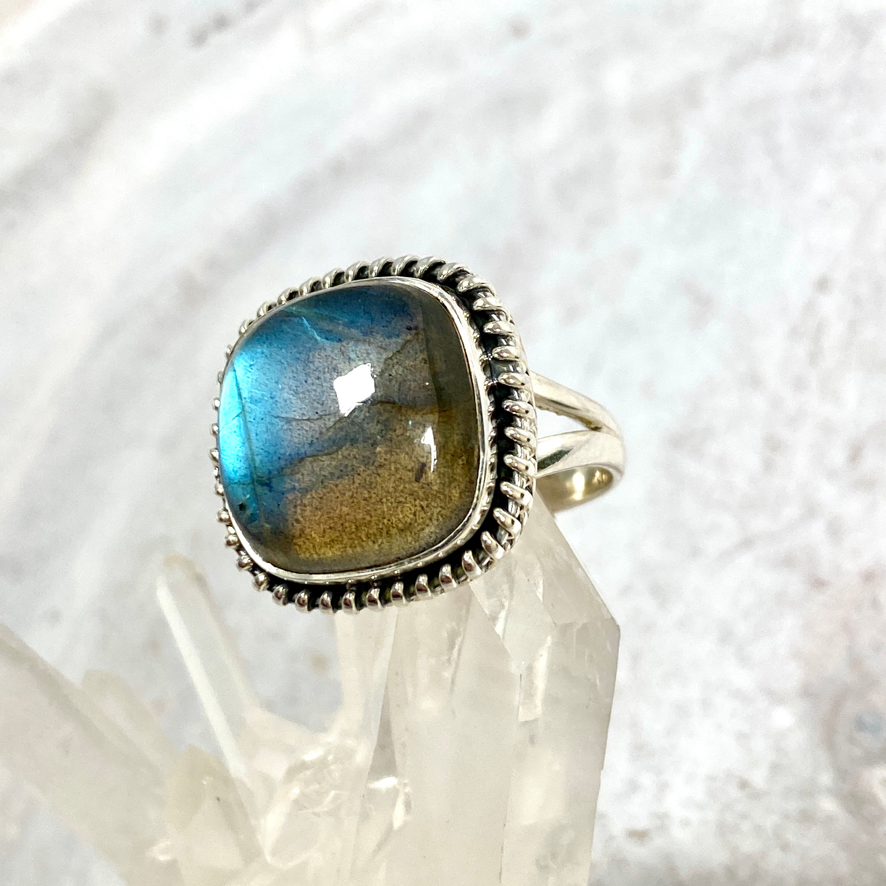 Labradorite Square Cabochon Filigree Ring - Size 9 - KRGJ2738 - Elegant Handmade Jewelry for Women, Perfect for Weddings, Parties & Special Occasions