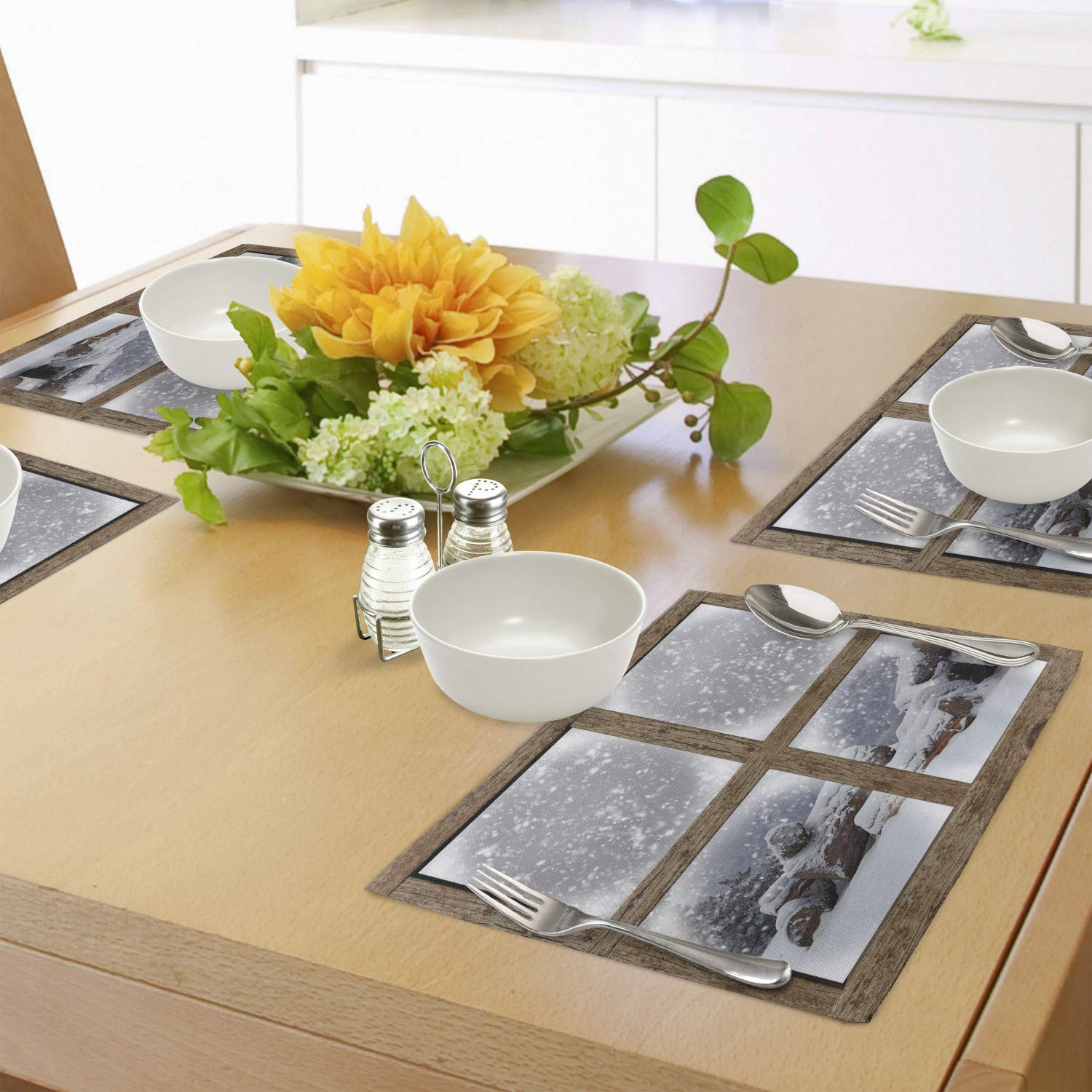 Ambesonne Winter Place Mats Set of 4 - Rustic Snowy Woodsy Frame Window View Print - Washable Fabric Dining Table Mats - Standard Size White & Khaki - Perfect for Christmas Decor, Cozy Cabin Dining, and Holiday Table Settings