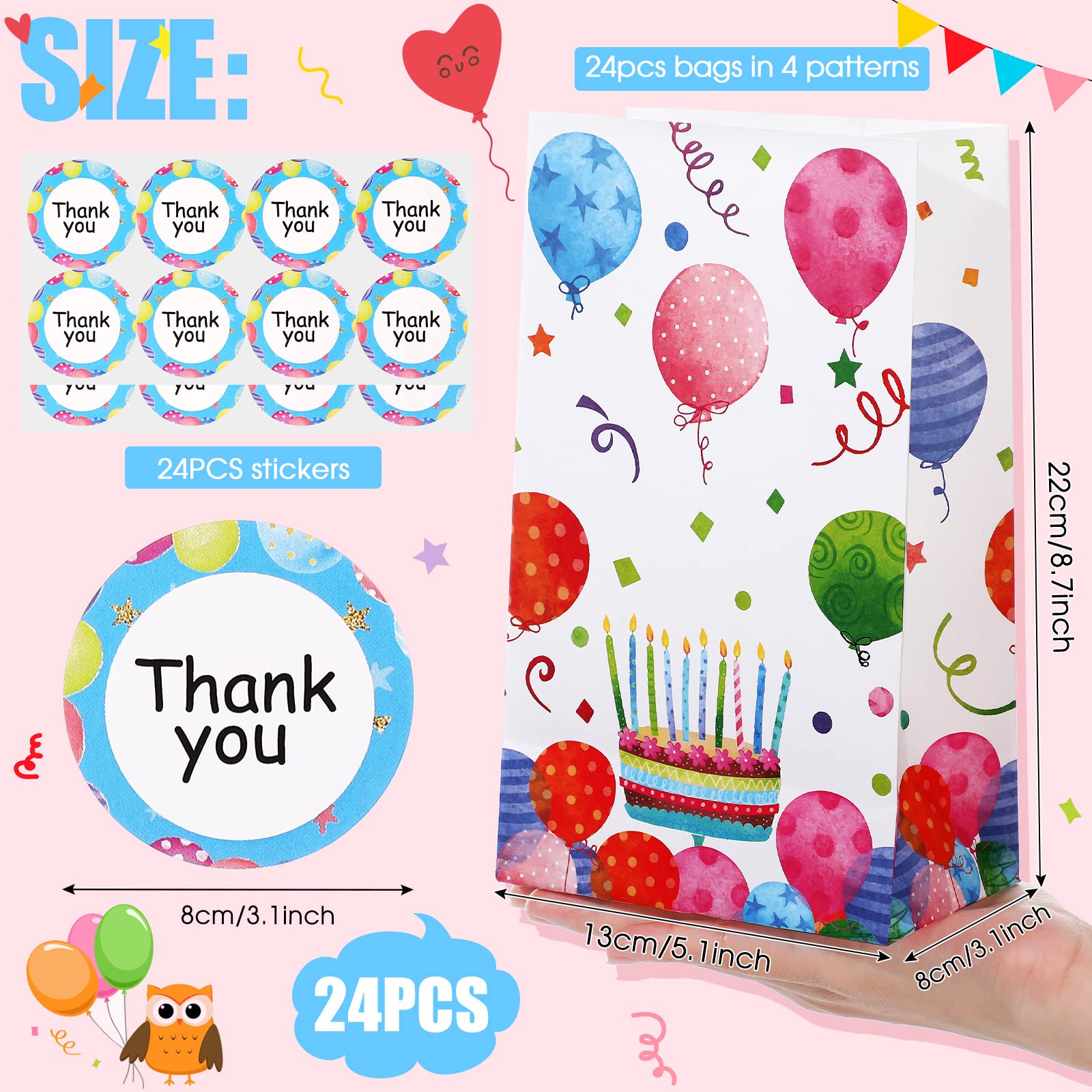 24-Piece Birthday Party Favor Gift Bags with Seal Stickers - Bulk Goodie Bags for Candy, Treats & Small Gifts - Perfect for Birthday Parties, Baby Showers & School Events
