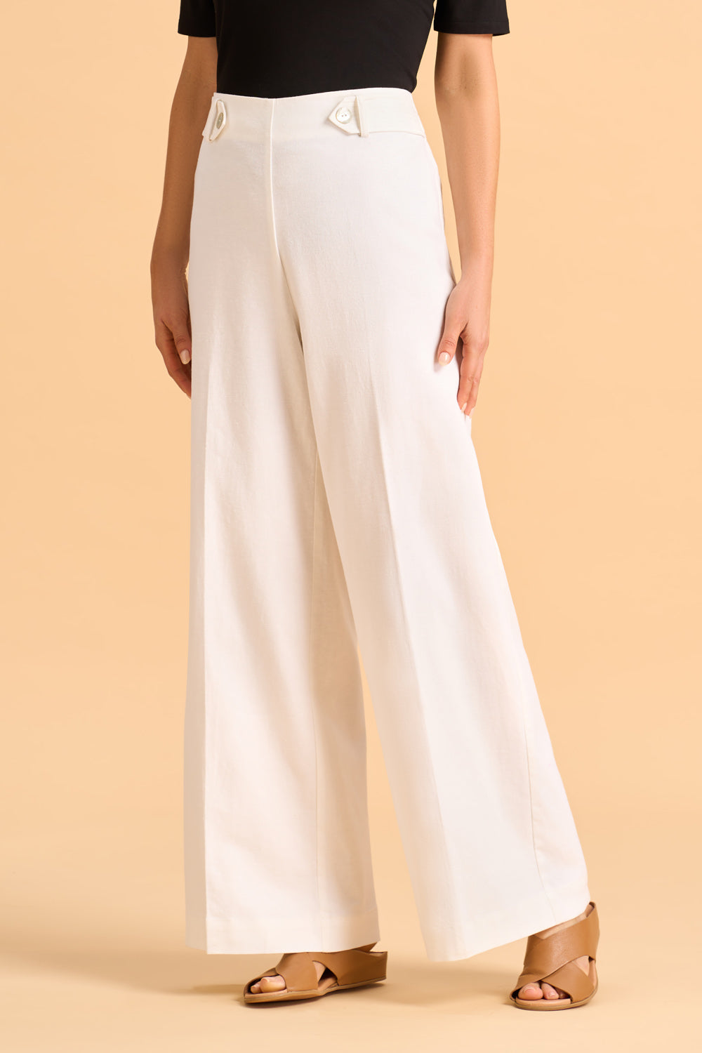 Full Length Waist Tab Linen Pants for Women - Comfortable White Linen Trousers for Summer, Travel & Casual Wear