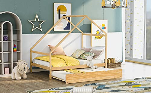 Solid Wood Full Size House Bed with Twin Trundle - Daybed & Sofa Bed Frame with Roof for Kids, Teens & Toddlers | Natural Wood Finish | Perfect for Bedrooms, Playrooms & Guest Rooms