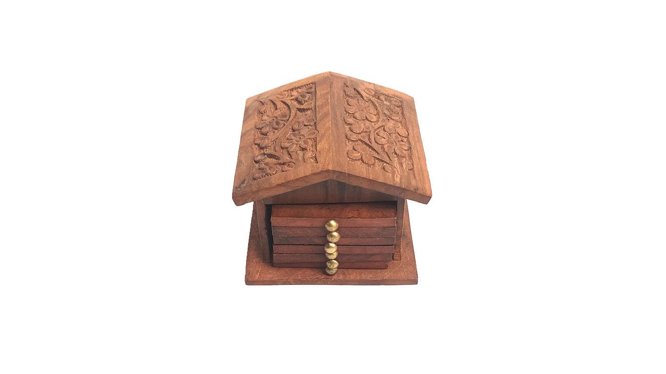 Handmade Wooden Hut Coasters Set of 6 - Natural Wood Drink Coasters for Coffee, Tea, and Glasses - Rustic Home & Office Kitchen Accessories - Perfect for Dining Tables, Desks, and Coffee Bars (House Flower Design)