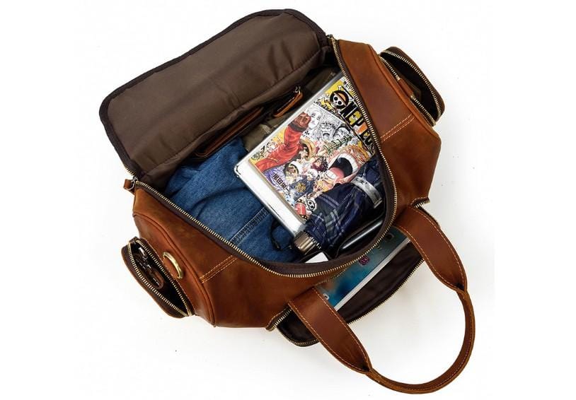 Men's Brown Leather Travel Duffel Bag - Waterproof Carry-On Luggage for Business Trips, Weekend Getaways & Outdoor Adventures