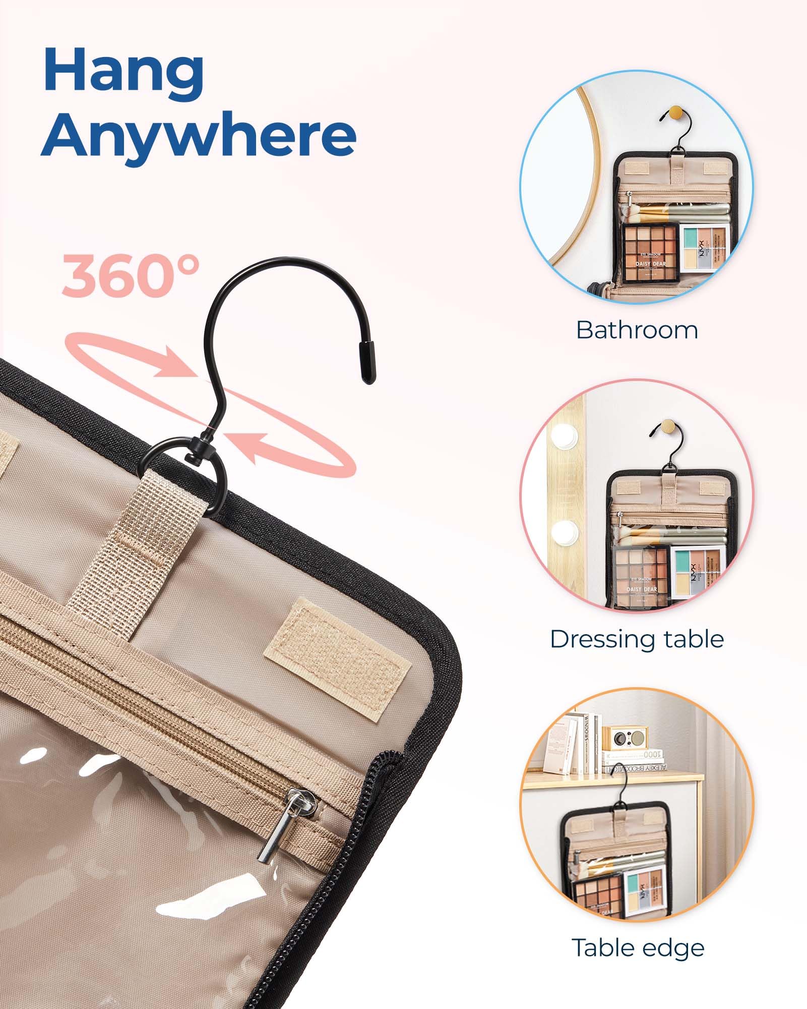 BAGSMART Large Hanging Makeup Bag for Women - Portable Travel Cosmetic Organizer with Hook, Spacious Toiletry Case for Full-Sized Cosmetics & Essentials, Black | Perfect for Travel, Gym, and Home Storage