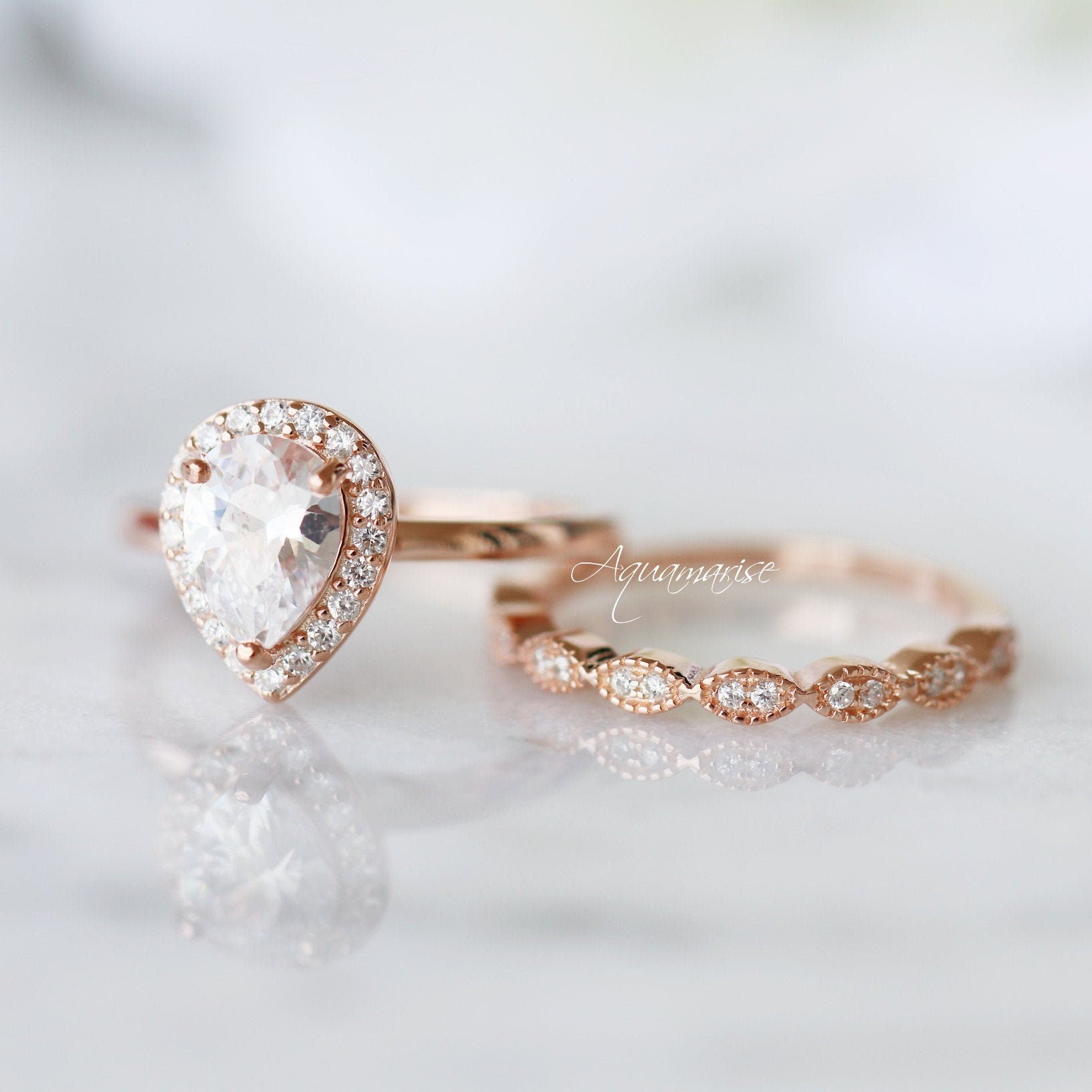 14K Rose Gold Vermeil Camila Simulated Diamond Ring Set - Elegant Wedding, Engagement & Anniversary Jewelry Gift for Women