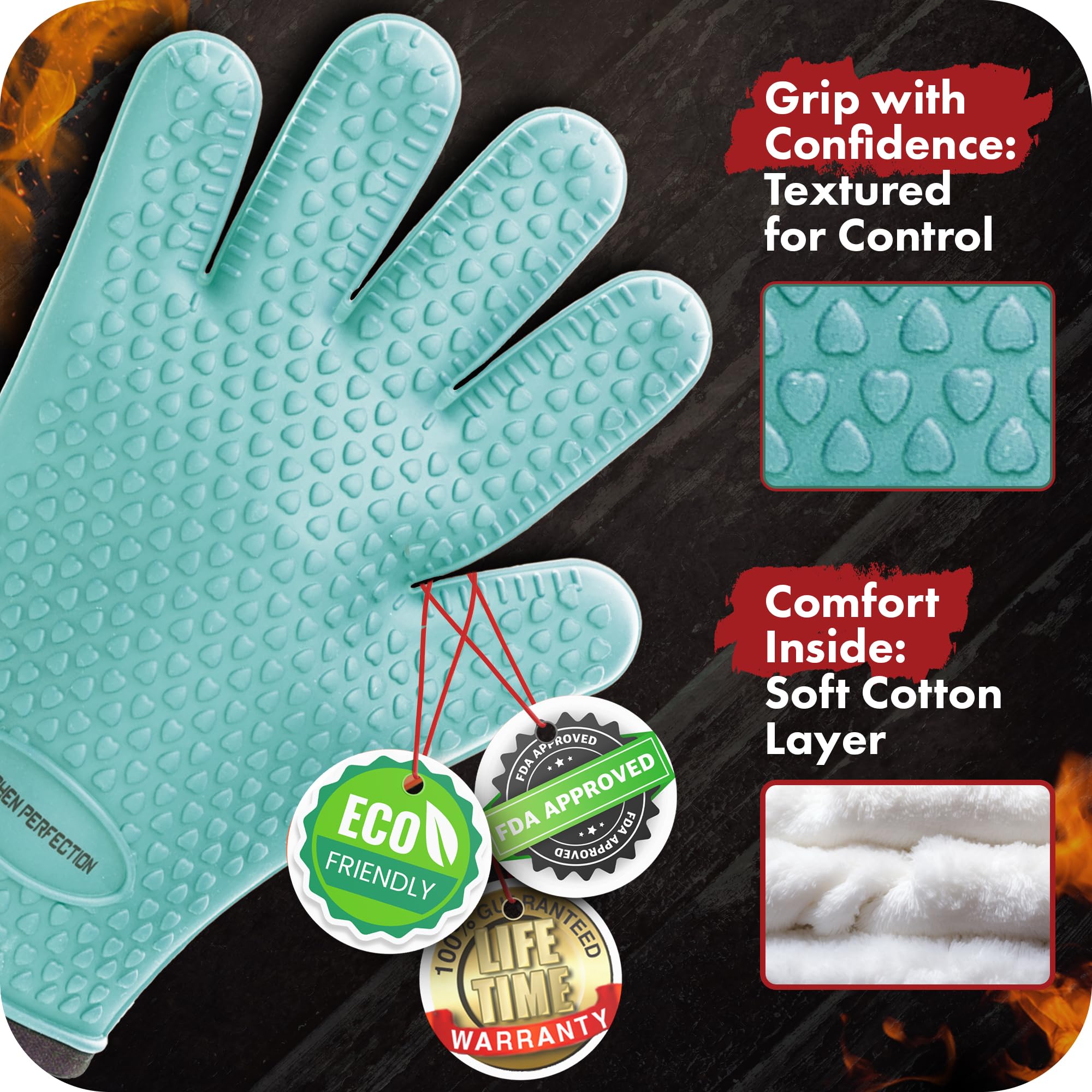 Heat Resistant Silicone BBQ Gloves for Smoker, Oven & Grill - Waterproof & Extreme Heat Protection - Perfect for Handling Hot Food, Grilling, Frying & Outdoor Cooking - Includes 3 Bonus Accessories