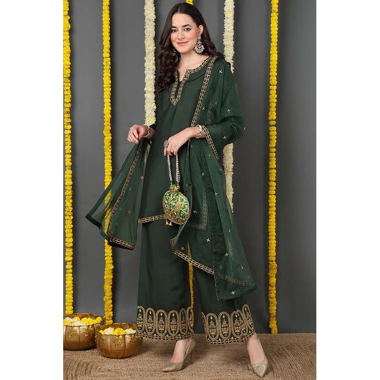 Elegant Green Silk Blend Suit Set for Women - Diwali & Festival Outfit - Perfect for Weddings, Parties & Special Occasions
