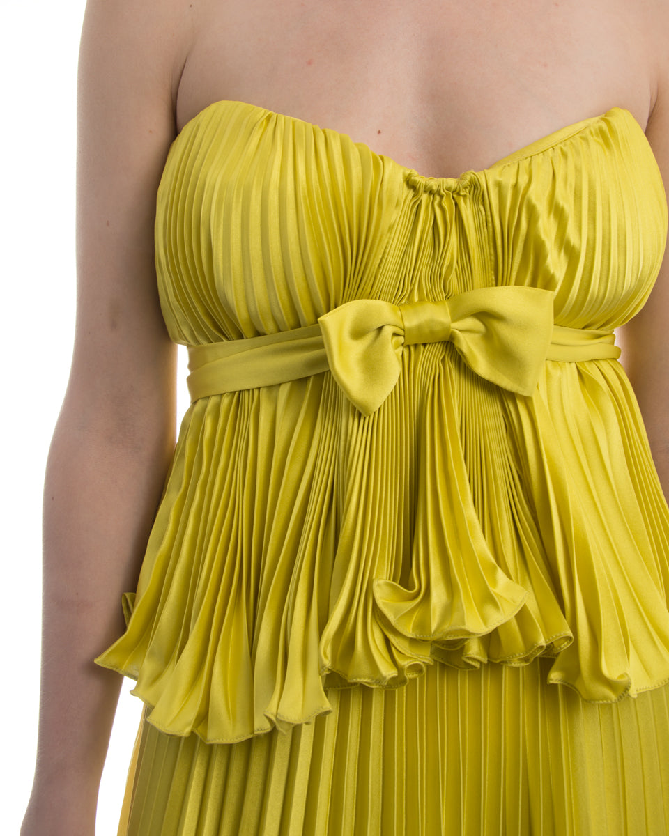 Badgley Mischka Couture Chartreuse Yellow Strapless Pleated Formal Evening Dress for Weddings, Galas & Special Occasions