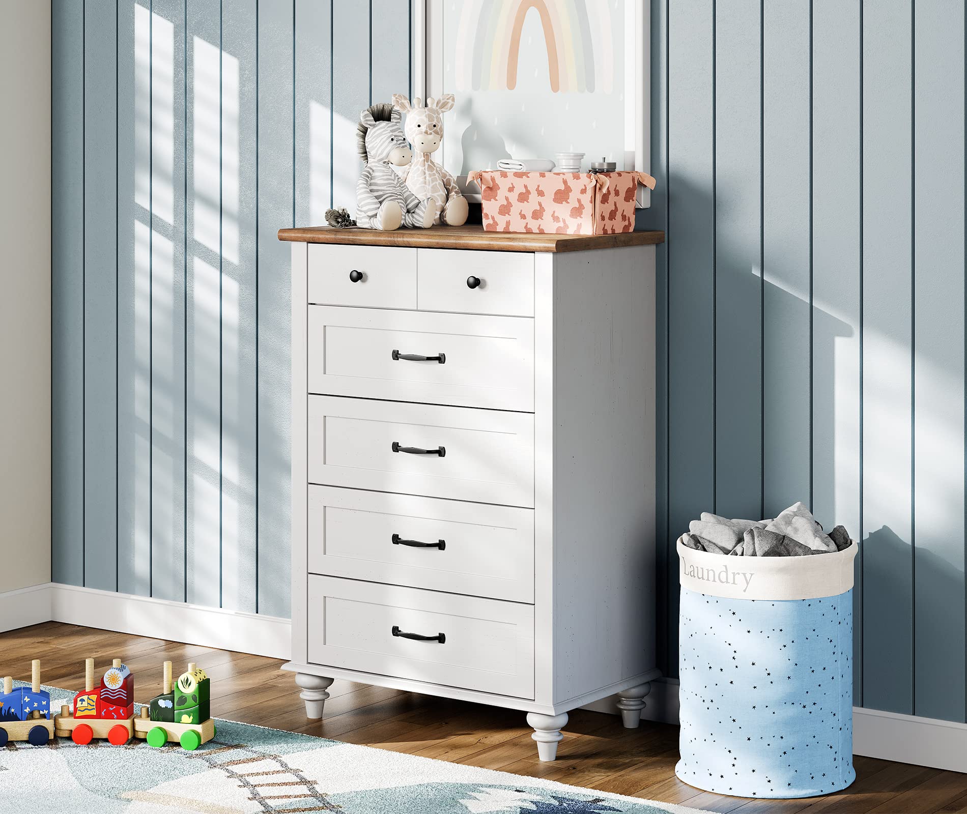 WAMPAT White 5-Drawer Dresser for Bedroom - Mid Century Modern Wooden Chest of Drawers with Wide Storage, Kids Dresser & Closet Organizer - Perfect for Nursery, Living Room, Hallway & Small Spaces