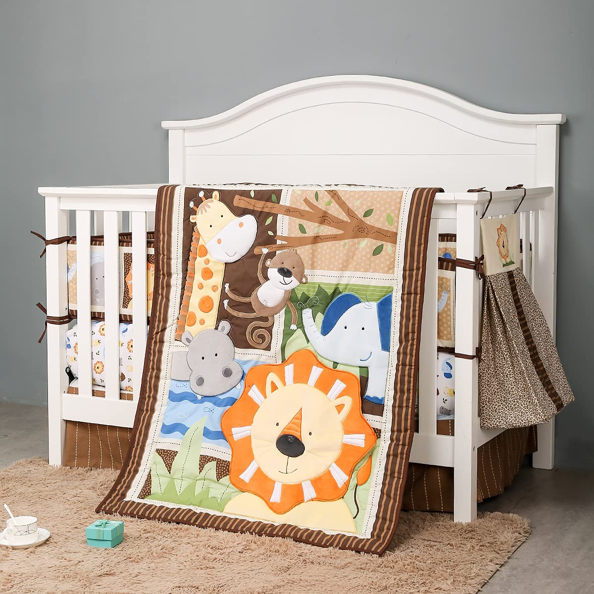 JAHbaby 8-Piece Lion Embroidery Nursery Crib Bedding Set - Safari Animal Theme Baby Boy Bedding in Brown & Yellow (28