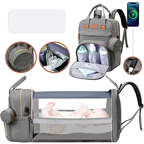 Werzhone Multifunctional Diaper Backpack with Changing Station, Foldable Baby Bed, Mosquito Net & Sunshade - Grey | Perfect for Travel, Outings & On-the-Go Parenting Essentials