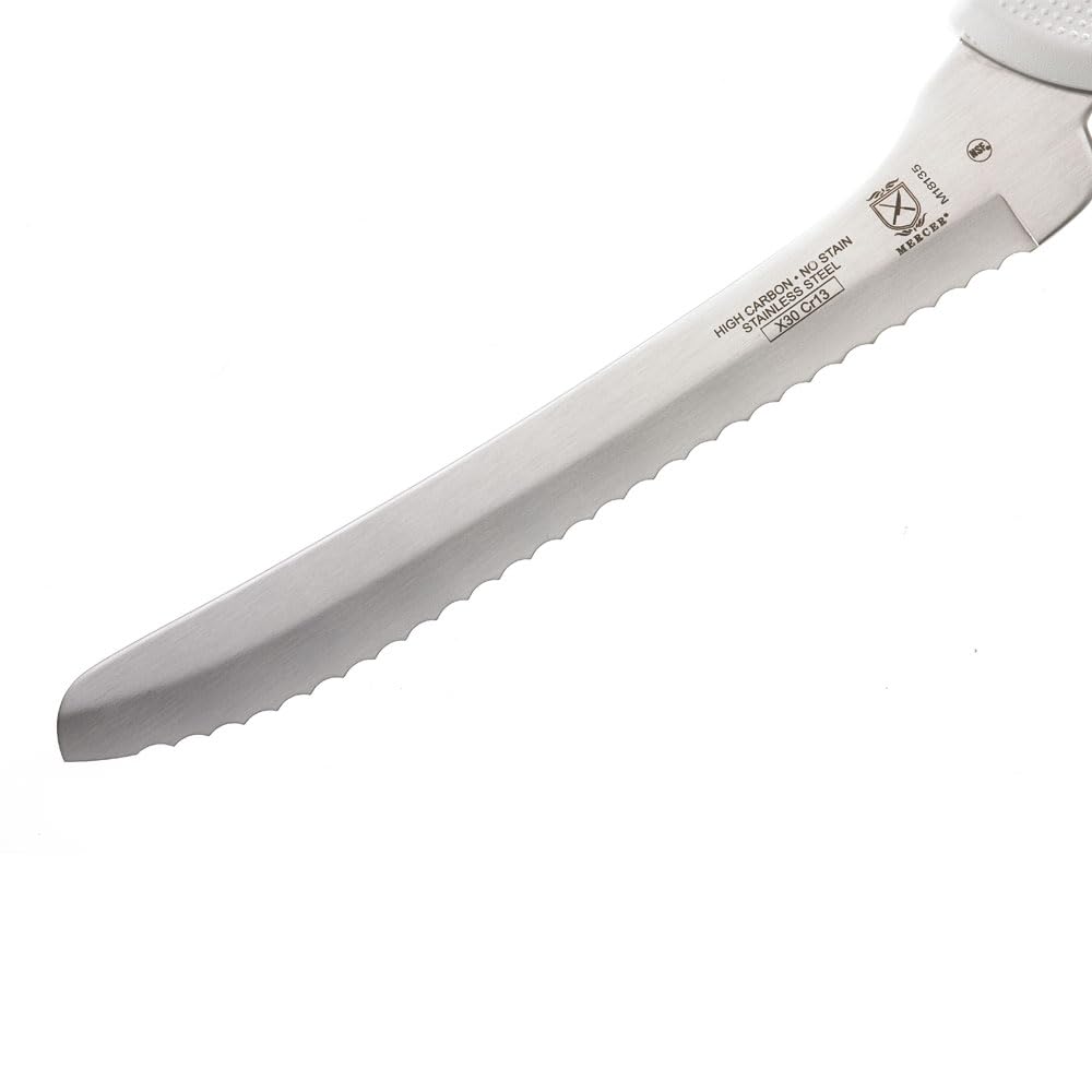 Best 8 Inch Offset Bread Knife by Mercer Culinary - Ultimate White Series for Sourdough, Baguettes & Artisan Bread Baking | Professional Kitchen & Home Use