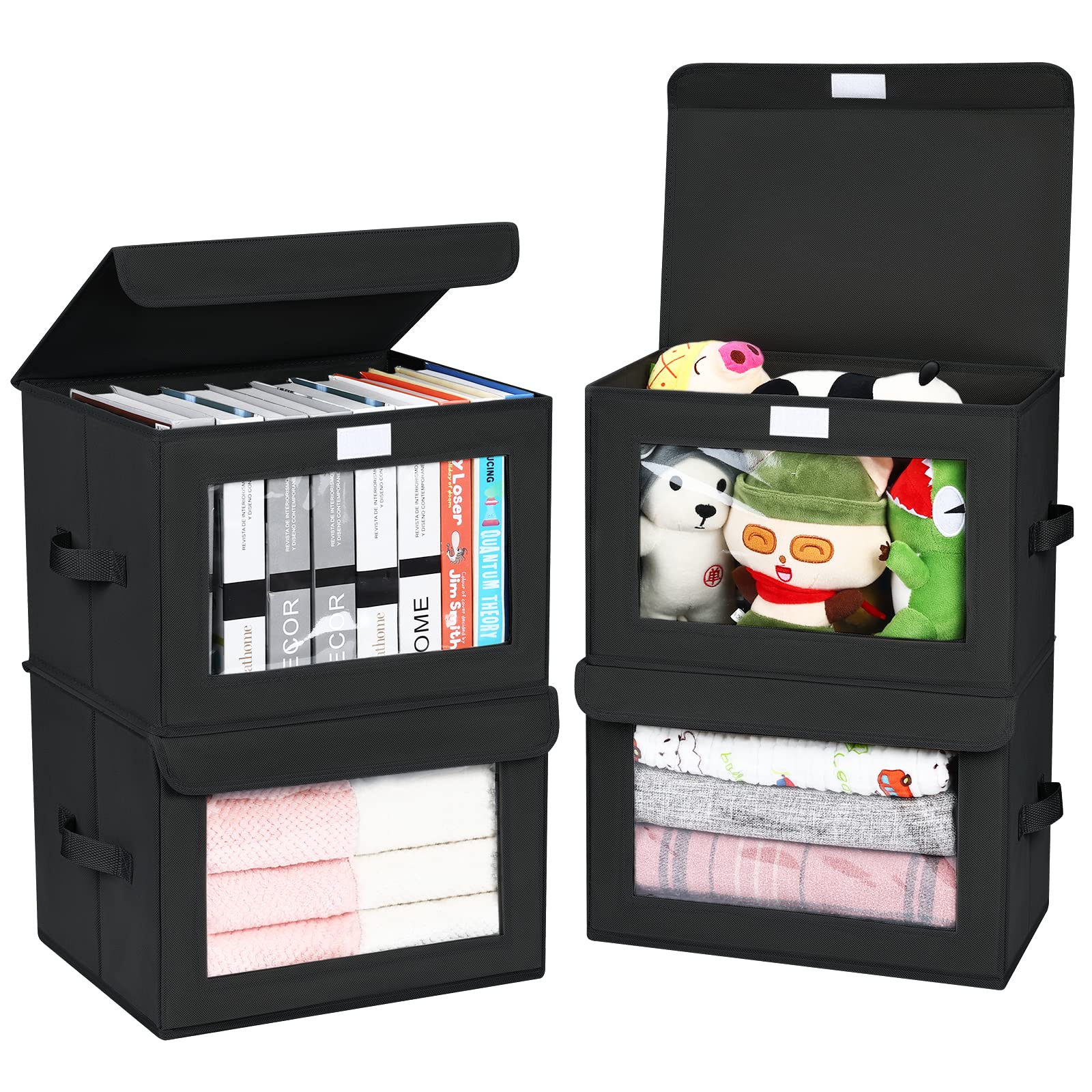 DIMJ Collapsible Storage Bins with Lids & Handles - 4 Pack Large Fabric Closet Organizer Baskets with Clear Windows - Perfect for Linen Closet, Shelves, Bedroom & Nursery Organization (Black)