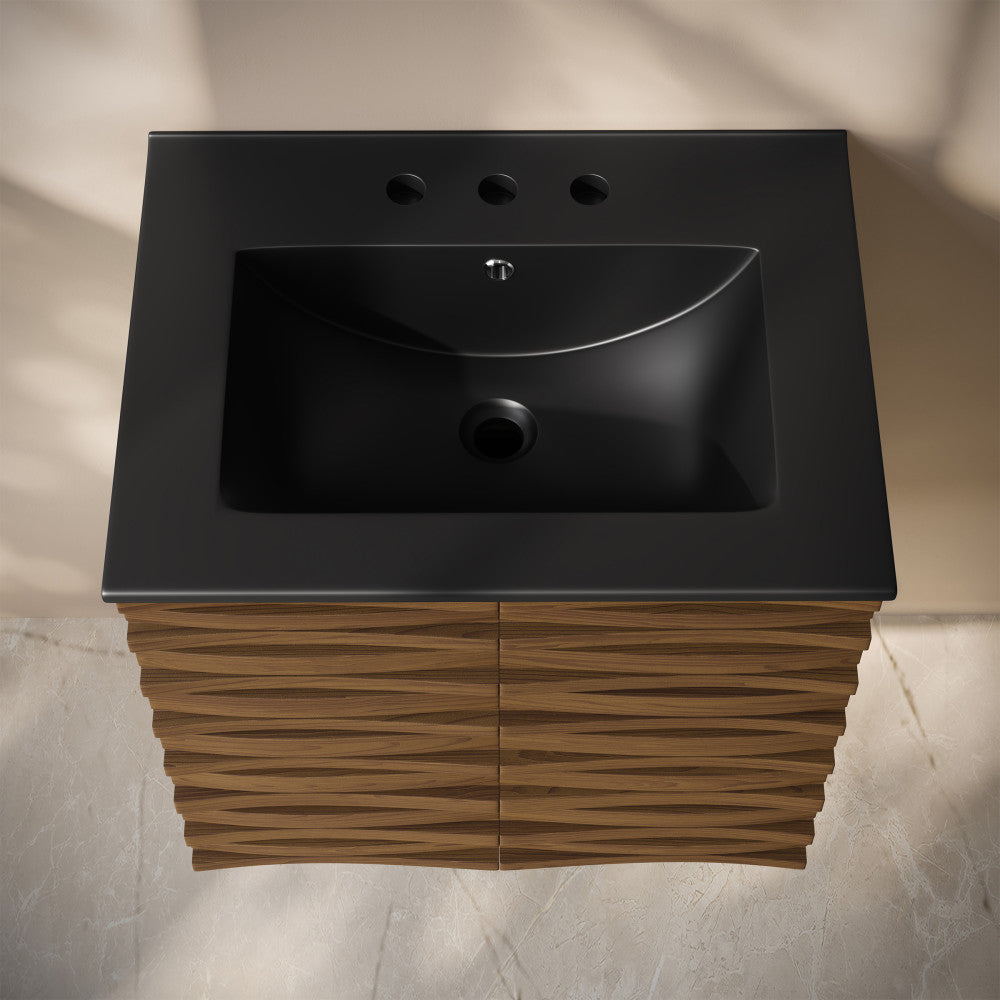Brown Oak Wall Mounted Bathroom Vanity with Black 3-Hole Widespread Sink Top - Modern Space-Saving Bathroom Storage Solution for Small Bathrooms & Powder Rooms