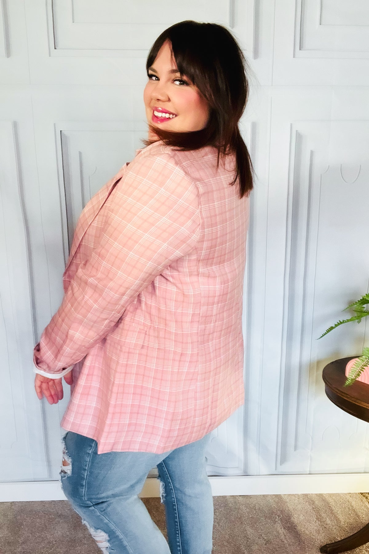 Stylish Pink Plaid Double Breasted Blazer with Lapel Collar - Perfect for Office Wear, Business Meetings & Formal Events