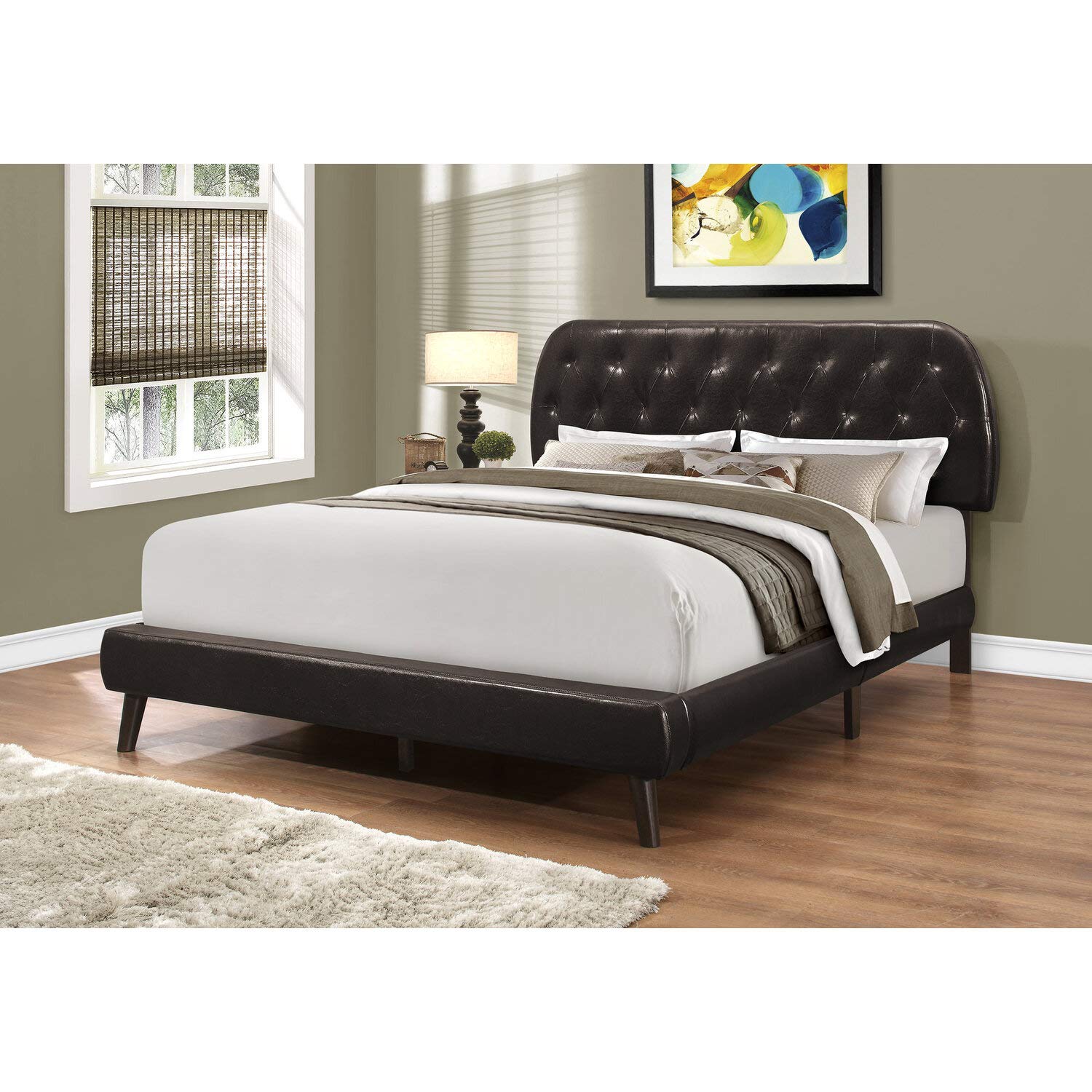 Monarch Specialties Queen Size Brown Leather-Look Bed Frame with Wood Legs - Elegant Bedroom Furniture for Master Suite or Guest Room