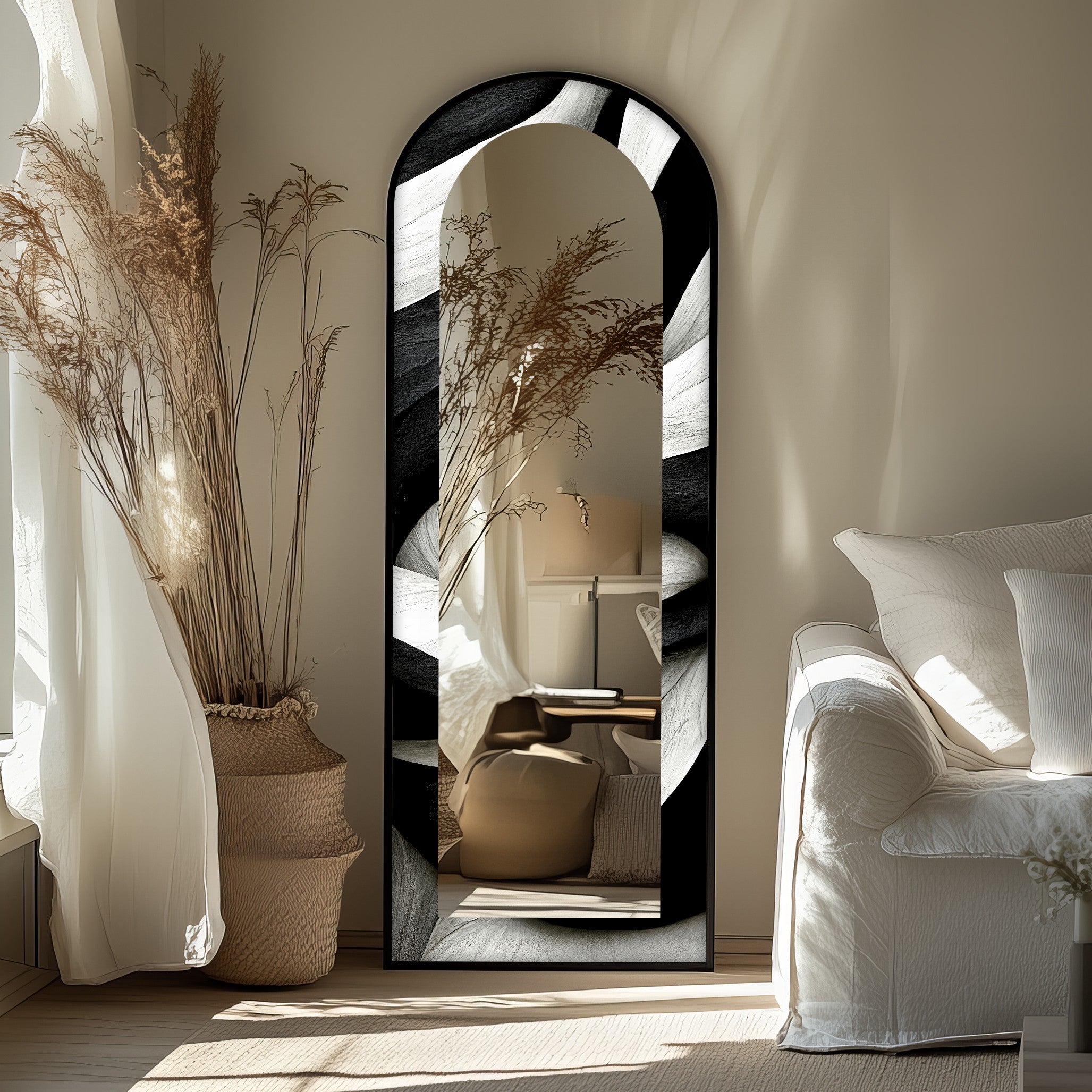Black and White Wave Full Length Floor Mirror - Stylish Modern Decor for Bedroom, Living Room & Entryway