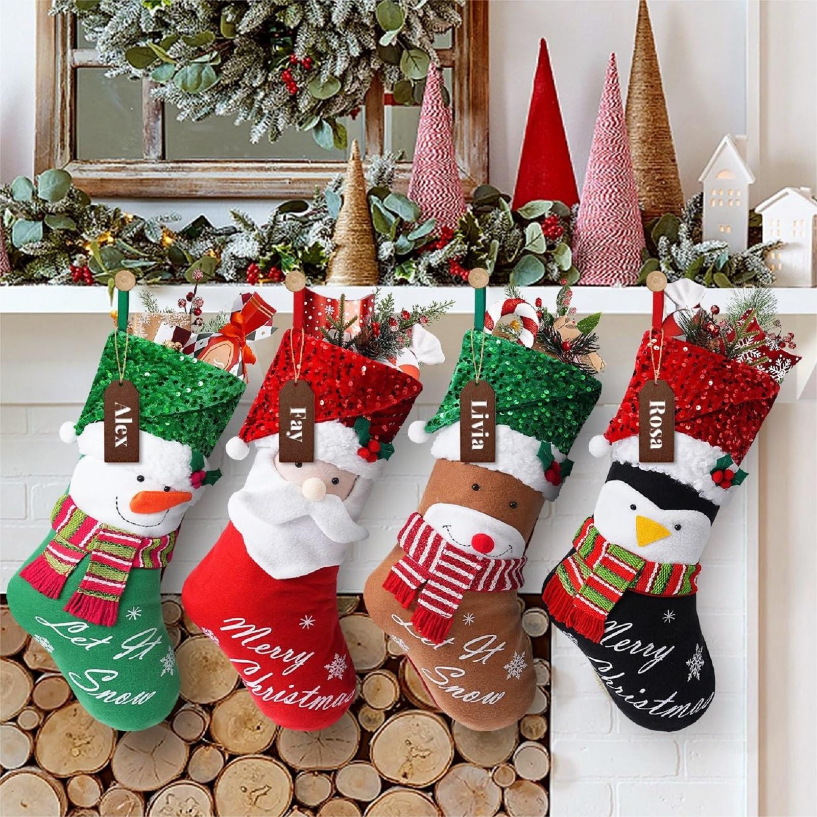 LASPERAL 4 Pack 18 Inch Personalized Christmas Stockings with Name Tags - Sequin Cartoon Santa 3D Character Xmas Decorations for Holiday Party, Tree & Fireplace - Perfect for Gift Exchange, Family Gatherings & Festive Home Decor