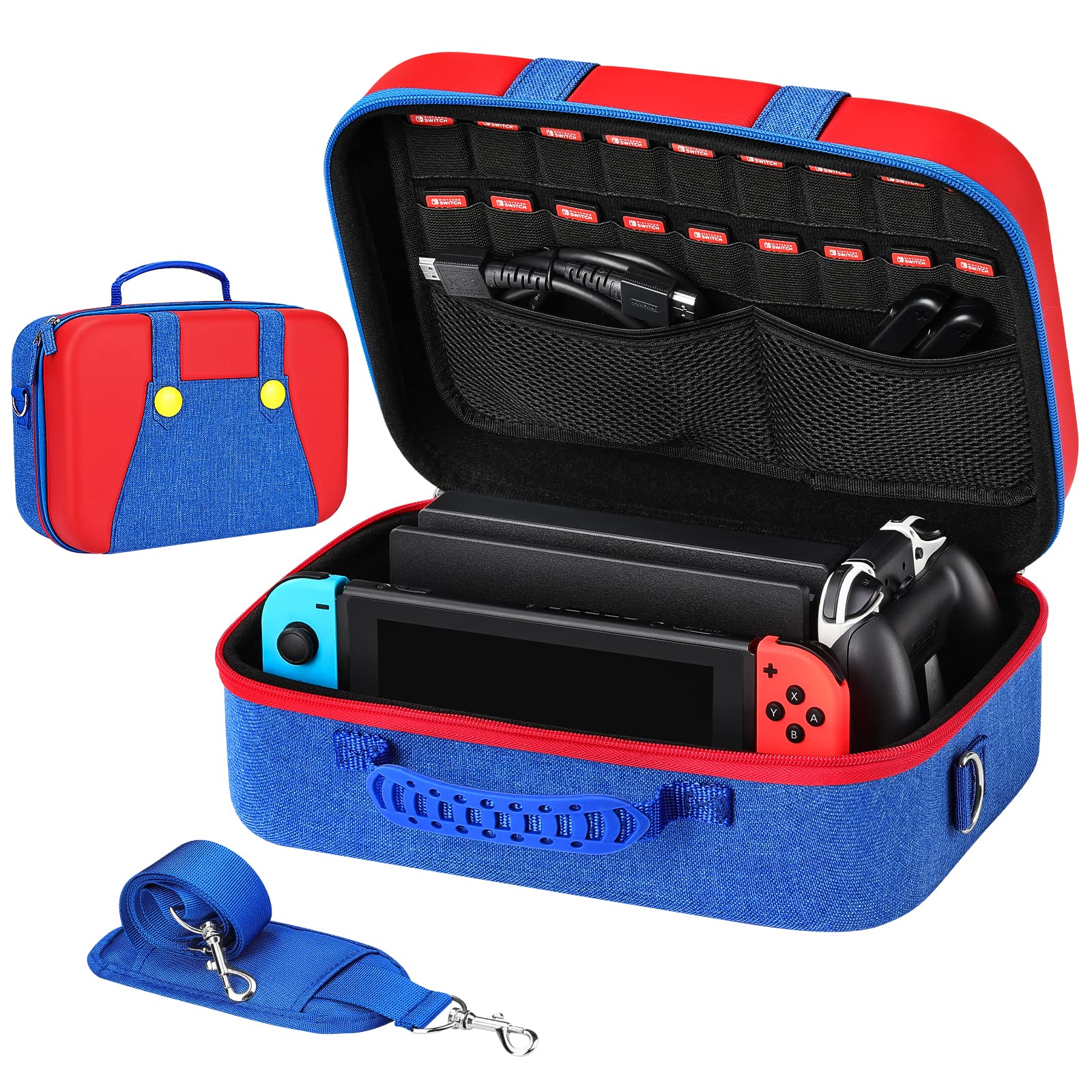 MoKo Hard Protective Carrying Case for Nintendo Switch & Switch OLED (2021) - Portable Travel Storage with Shoulder Strap, Holds 18 Game Cards (Red & Blue) - Perfect for Gaming On-The-Go, Travel Protection & Console Storage