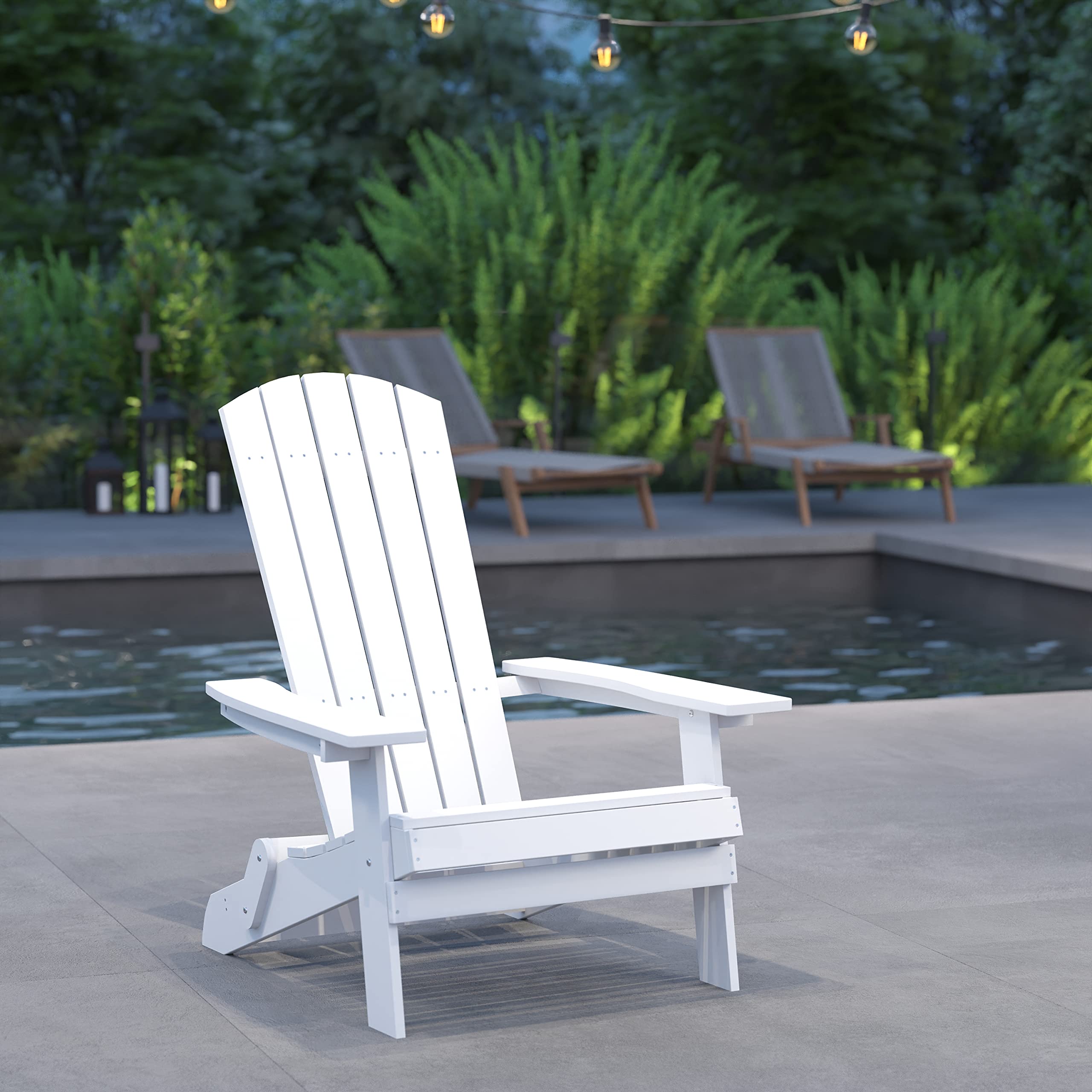 Merrick Lane Riviera Poly Resin Folding Adirondack Lounge Chair - White - Indoor/Outdoor Use - Weather Resistant Patio Furniture for Poolside, Garden & Backyard Relaxation