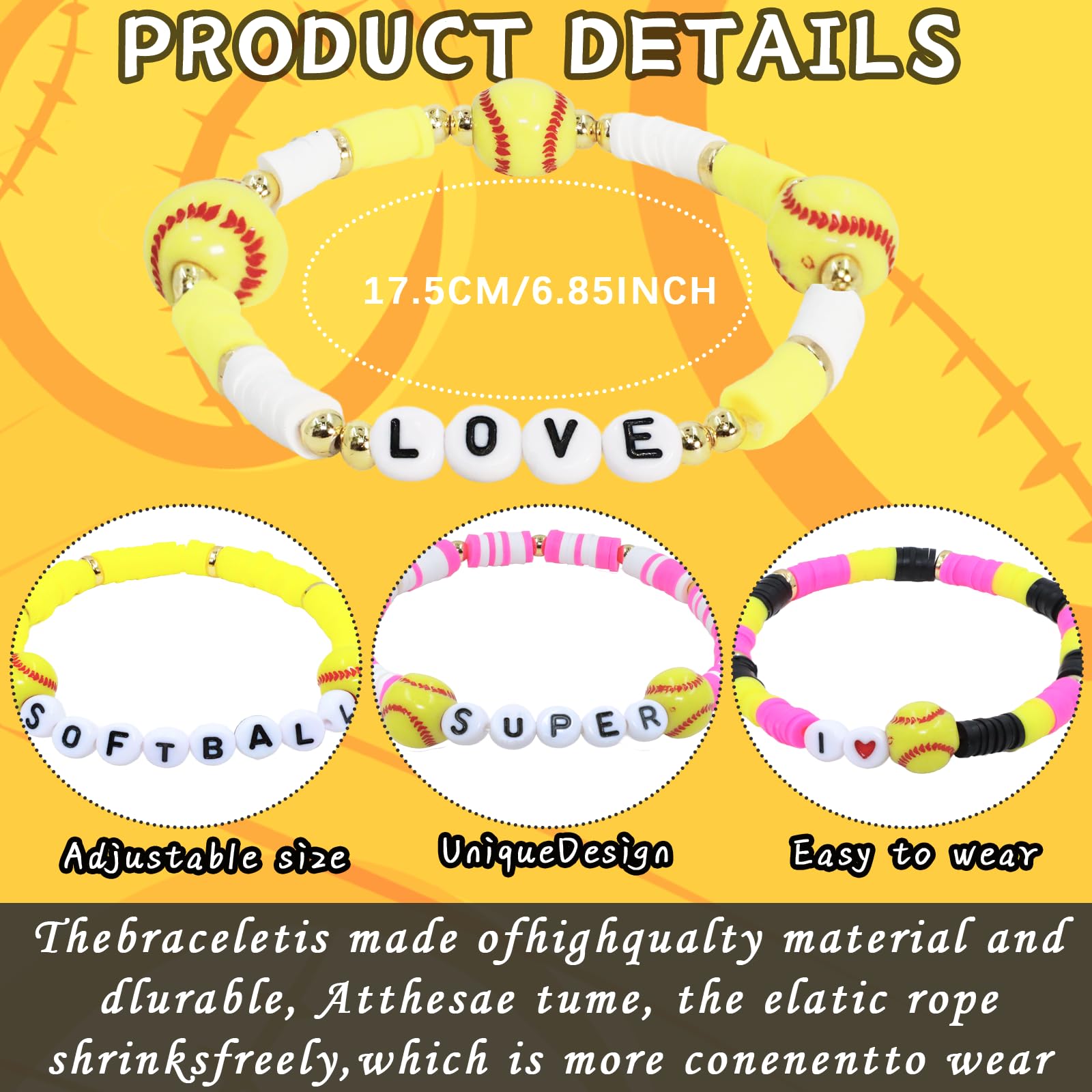 48pcs Sports Charm Bracelets - Adjustable Beaded Ball Clay Bracelets for Soccer, Softball, Basketball Players | Perfect Sports Gifts for Teens & Adults | Great for Game Days, Team Events & Fan Accessories