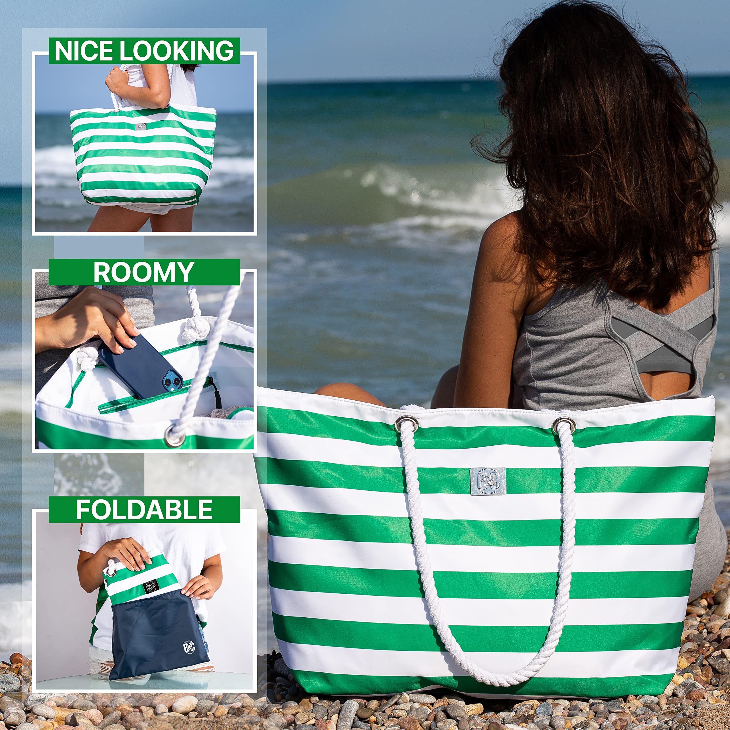 Waterproof XL Beach Tote Bag with Zipper & Pockets - Perfect for Travel & Pool Days